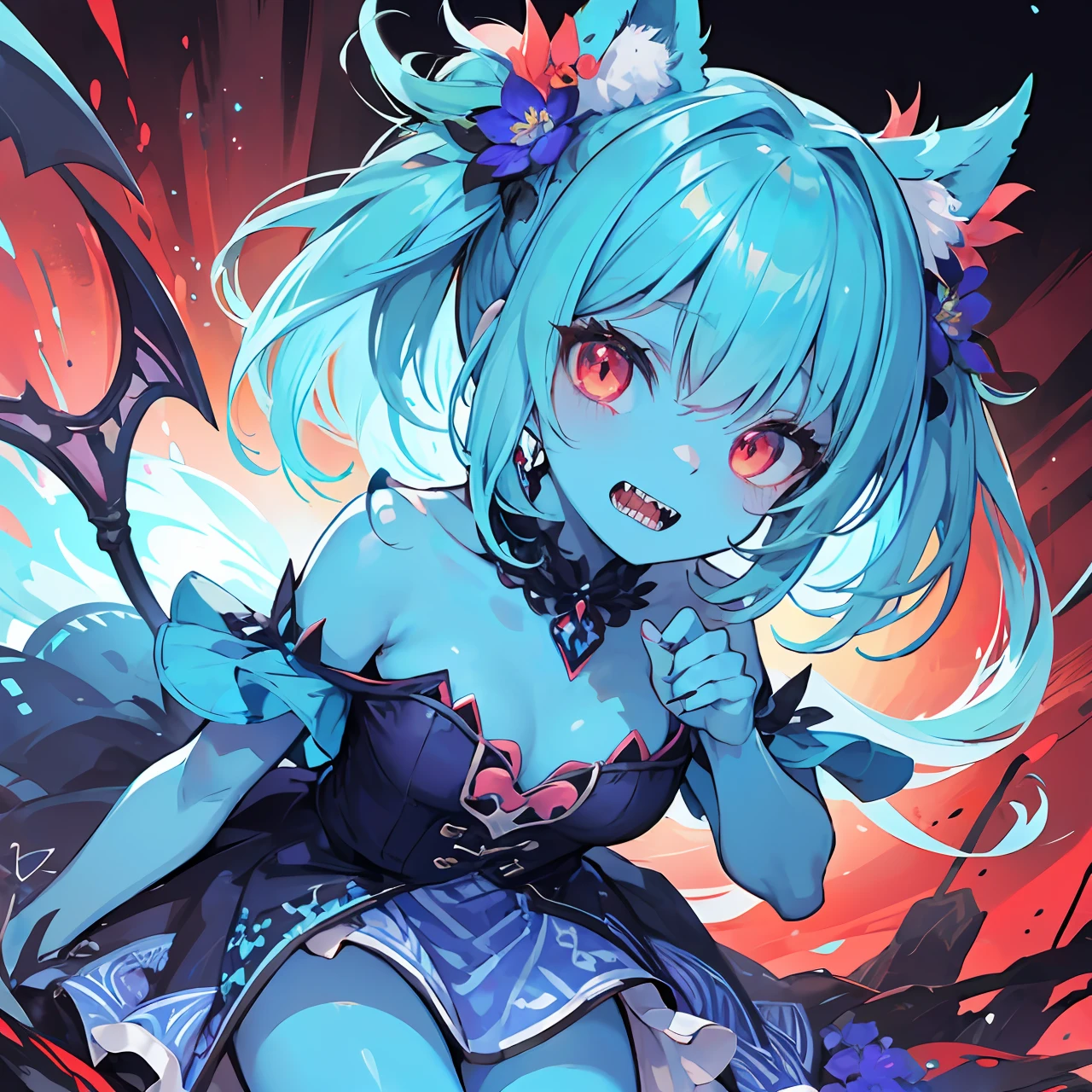 Cute tiny demon girl, (Turquoise blue skin), [furry], in cute summer dress with flowers pattern, flower in her hairs, red claws on her fingers, sharp teeth, (red scales), looking to viewer from ground, in beautiful park, [[close-up]], fantasy atmosphere, detailed background, rich color palette, trending on Pixiv, 4k