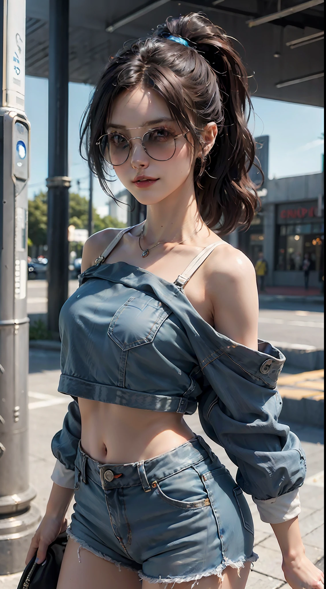 smile, A white off-shoulder crop top paired with high-waisted denim shorts, oversized sunglasses, white sneakers for a fashionable yet comfortable look, inside shopping mall, fashion model posing, ((Best quality)), ((masterpiece)), (detailed:1.4), 3D, an image of a beautiful cyberpunk female,HDR (High Dynamic Range),Ray Tracing,NVIDIA RTX,Super-Resolution,Unreal 5,Subsurface scattering,PBR Texturing,Post-processing,Anisotropic Filtering,Depth-of-field,Maximum clarity and sharpness,Multi-layered textures,Albedo and Specular maps,Surface shading,Accurate simulation of light-material interaction,Perfect proportions,Octane Render,Two-tone lighting,Wide aperture,Low ISO,White balance,Rule of thirds,8K RAW,