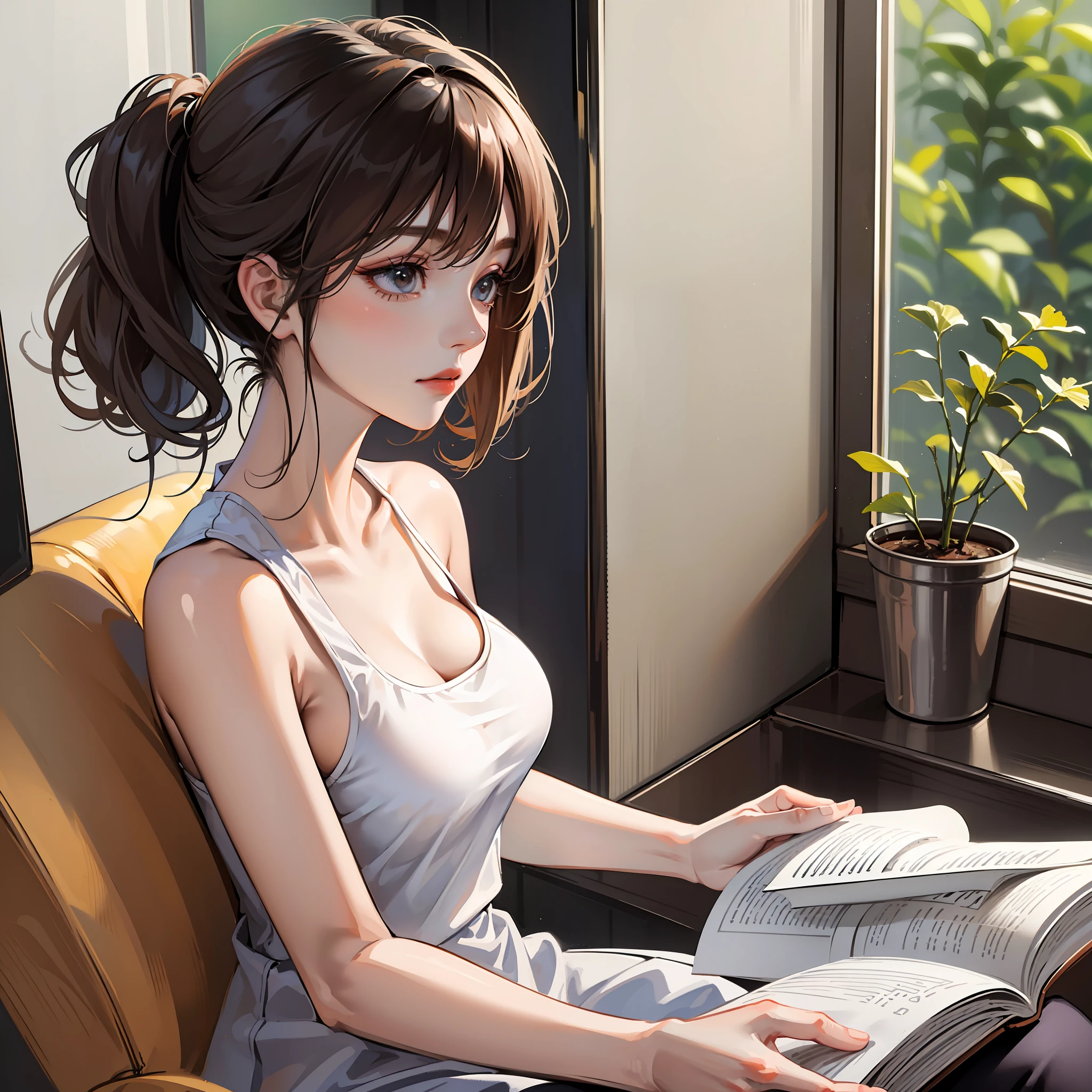 (masterpiece:1.2, best quality), (1lady, solo, upper body:1.2), Clothes: minimal, neutral, high-quality fabrics, Appearance: simple hairstyle, clean makeup, effortless beauty, Behavior: mindful, intentional, contemplative, Location: nature, yoga studios, serene spaces, Hobbies: meditation, reading