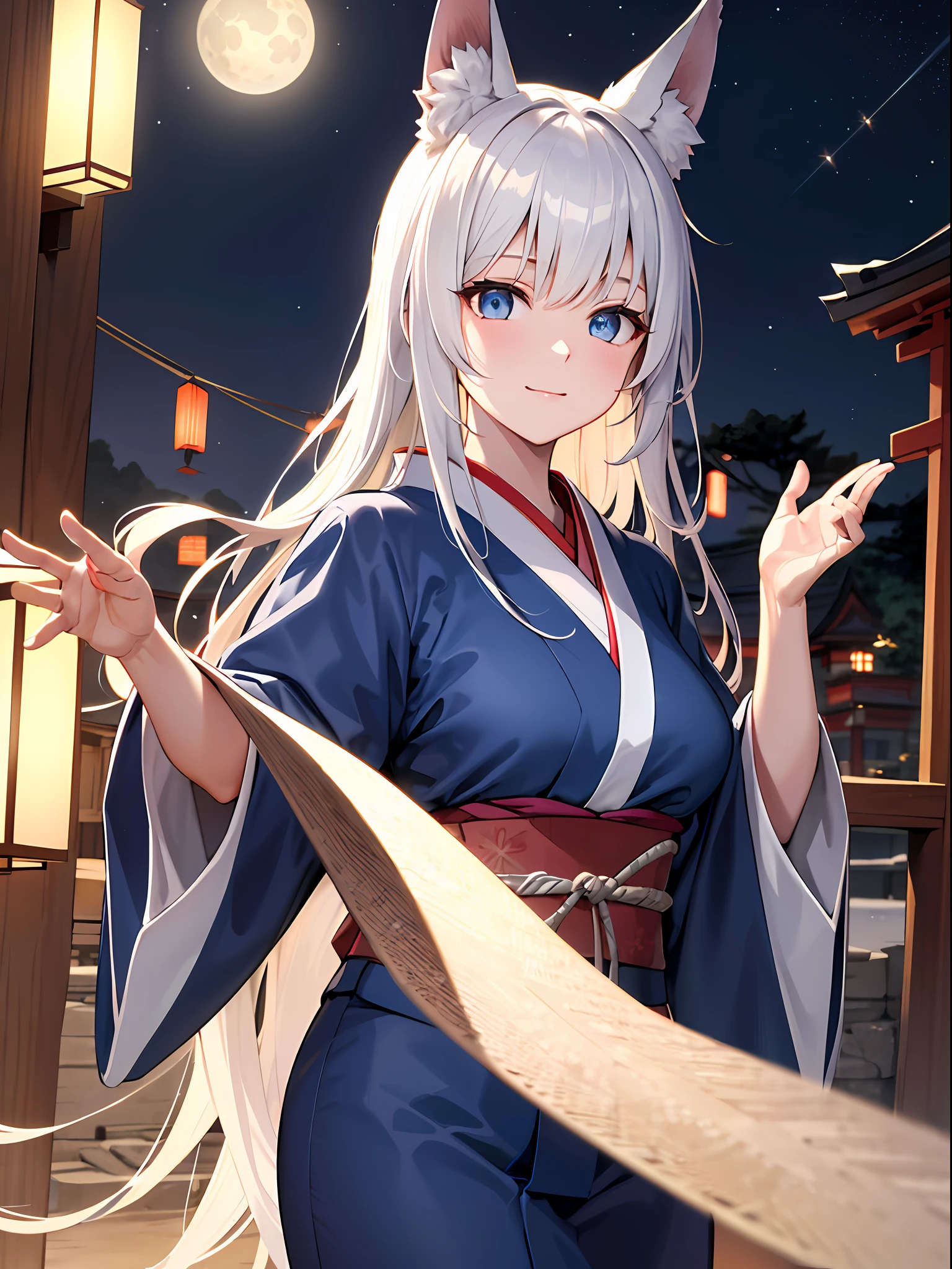(absurdres, highres, ultra detailed), one woman, mature woman, aged, long straight hair, beautiful shiny hair, blue eyes, bangs, long sleeves, finely drawn eyes and fine face, highly detailed CG unified 8K wallpaper, intricate details, portrait Ancient Japan, Gazing, Solo, Half Shot, Detailed Face, Soft Smile, Dynamic Pose, Classical Period, (Ancient Japan: 1.1), Japanese Mythology, Fox Ears, Japanese People, Ruler, Blue Kimono, Floral Kimono, Ancient Themes, (Thriving Civilization: 1.1), Moon In Background, (Immaculate: 1.1), Shrine Japanese landscape, ancient city in the background, fantastic, dreamy, dancing lights, lanterns, austere, night, darkness, stars, portrait