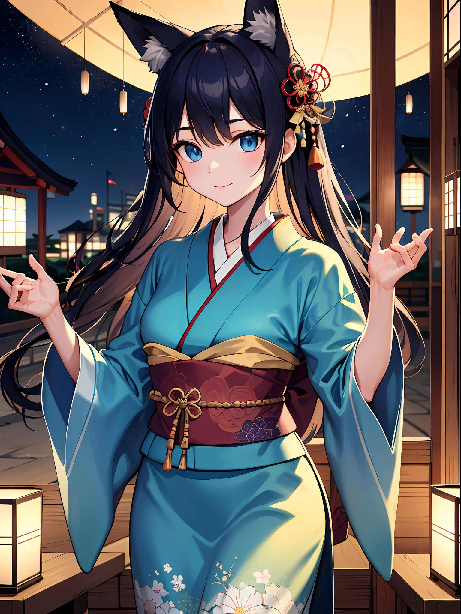 (absurdres, highres, ultra detailed), one woman, mature woman, aged, long straight hair, beautiful shiny hair, blue eyes, bangs, long sleeves, finely drawn eyes and fine face, highly detailed CG unified 8K wallpaper, intricate details, portrait Ancient Japan, Gazing, Solo, Half Shot, Detailed Face, Soft Smile, Dynamic Pose, Classical Period, (Ancient Japan: 1.1), Japanese Mythology, Fox Ears, Japanese People, Ruler, Blue Kimono, Floral Kimono, Ancient Themes, (Thriving Civilization: 1.1), Moon In Background, (Immaculate: 1.1), Shrine Japanese landscape, ancient city in the background, fantastic, dreamy, dancing lights, lanterns, austere, night, darkness, stars, portrait
