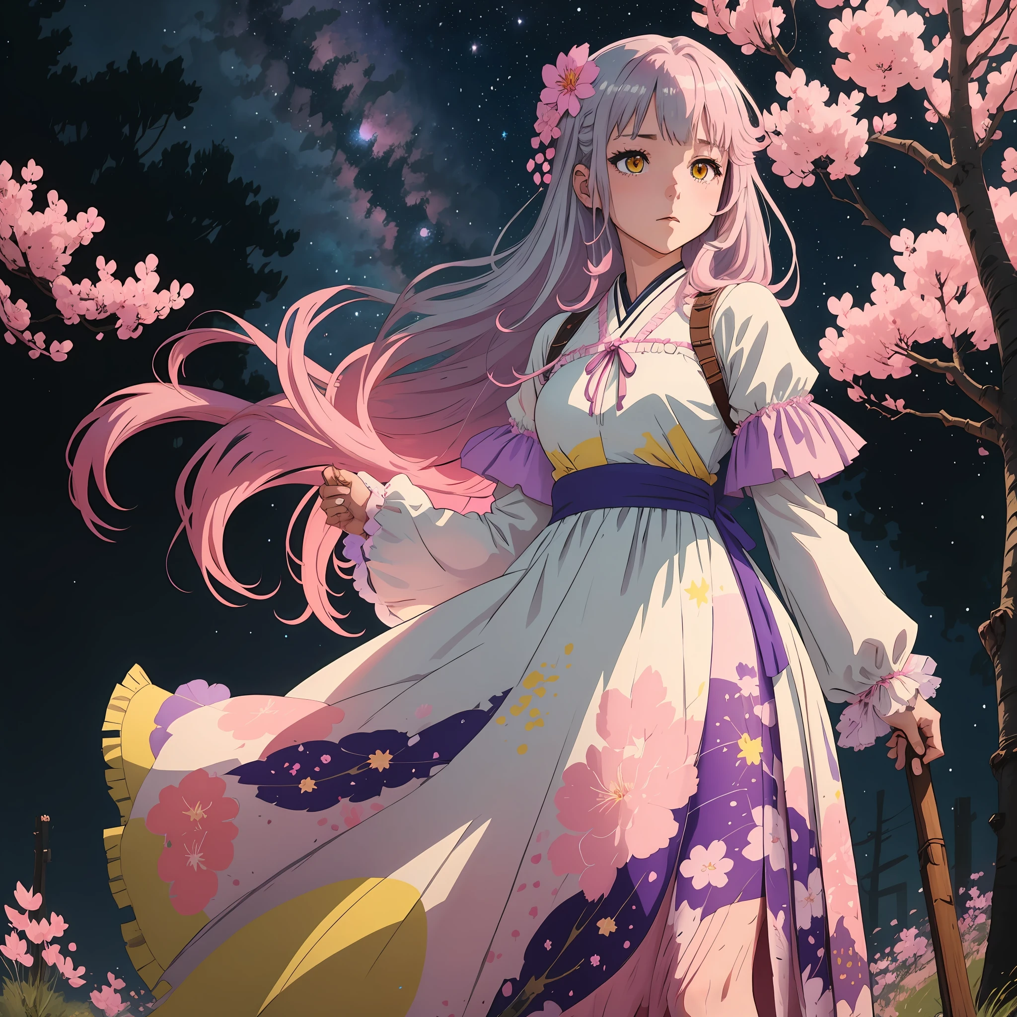 A silver haired 2d anime girl with bright yellow eyes and pink Sakura in her hair wearing lavender fluffy tule dress standing under starry night sky by herself alone surrounded by Sakura trees