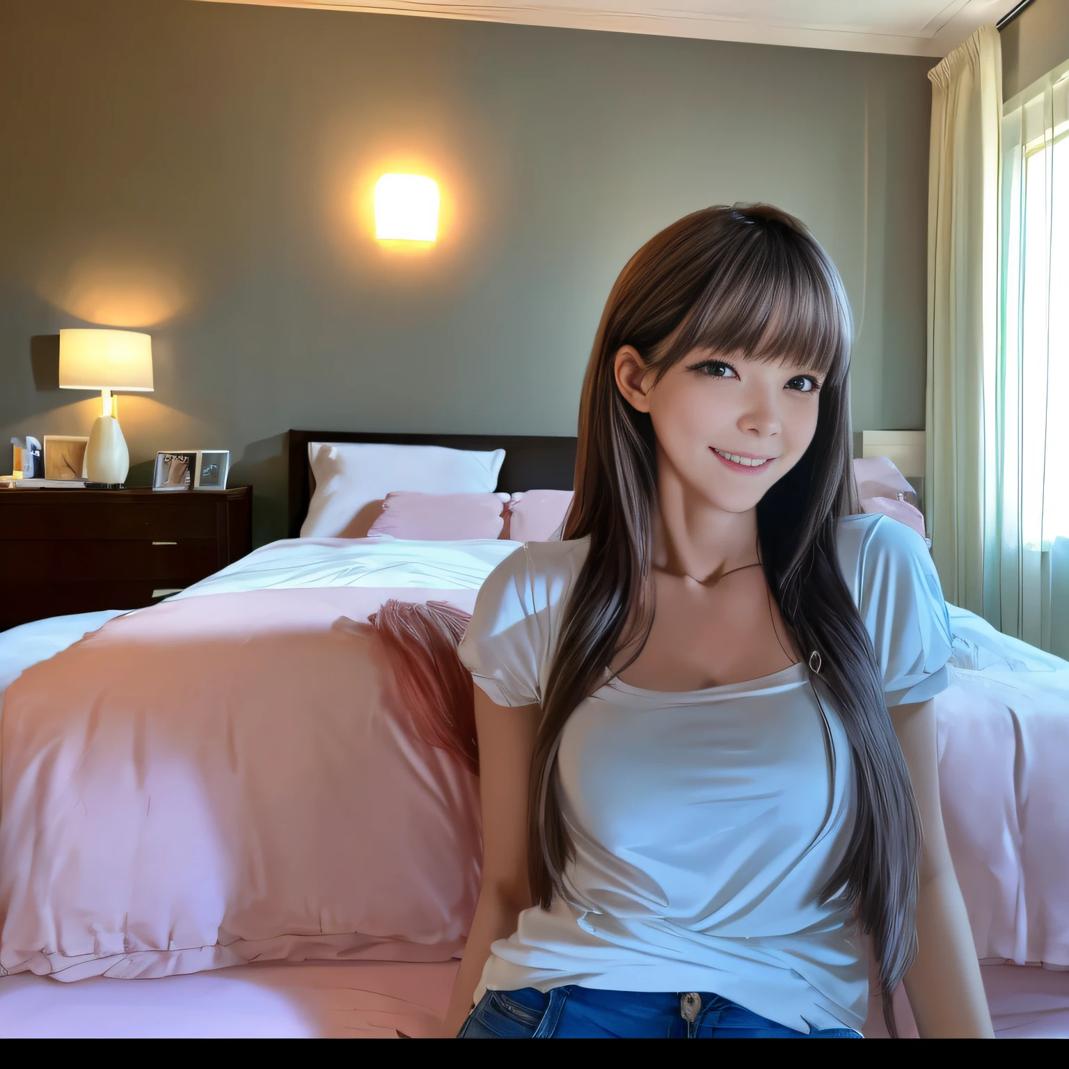 (8k, RAW photo, best quality, masterpiece:1.2), (realistic:1.6), (masterpiece), (best quality: 1.0), (ultra resolution: 1.0), detailed, 40yo girl , solo , detailed beautiful skin, detailed room, realistic skin, medium breasts, best quality, super high resolution, cute, long hair , smile, , white shirt, , sitting on bed,