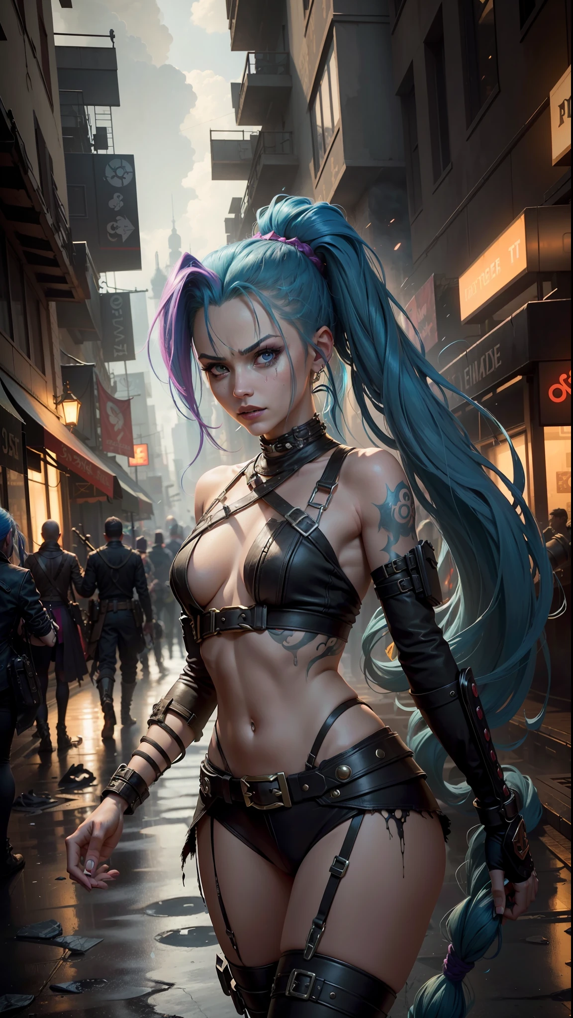 ((Best quality)), ((masterpiece)), (highly detailed:1.3), 3D, arcane style,In the dark and gritty dystopian city Piltover, plagued by violence and divided into two opposing factions, a young prodigy named Jinx emerges. Having endured unimaginable loss and abandonment, she has embraced a life of chaos and destruction. Known for her inventive and explosive abilities, Jinx becomes an icon of rebellion against the oppressive forces controlling the city. However, haunted by guilt and battling inner demons, she must confront her past and decide whether to continue down the path of anarchy or seek redemption amidst the turmoil. Explore the journey of Jinx as she navigates a treacherous world, fighting for survival, unraveling secrets, and discovering the true meaning of her twisted existencechaos reigns supreme, and at the heart of it all is Jinx, the embodiment of unpredictability. Delve deep into the twisted mind of Jinx, exploring the origins of her madness and the driving force behind her destructive nature. Unveil the moments that shaped her into the deranged and iconic character we know. Take us on a wild journey through the vibrant streets of Piltover and the grim underbelly of Zaun as Jinx wreaks havoc with her explosive arsenal. Can redemption ever find its way into Jinx's fractured soul? Or will she forever dance on the edge of sanity, embracing the chaos that fuels her very existence? The fate of Arcane hangs in the balance as Jinx's path intertwines with unlikely allies and formidable foes. Ignite your imagination and paint a vivid portrait of Jinx's twisted psyche, capturing the essence of her madness and the untamed spirit that defines her,HDR (High Dynamic Range),Ray Tracing,NVIDIA RTX,Super-Resolution,Unreal 5,Subsurface scattering,PBR Texturing,Post-processing,Anisotropic Filtering,Depth-of-field,Maximum clarity and sharpness,Multi-layered textures,Albedo and Specular maps,Surface shading,Accurate simulation of light-material interaction,Perfect proportion