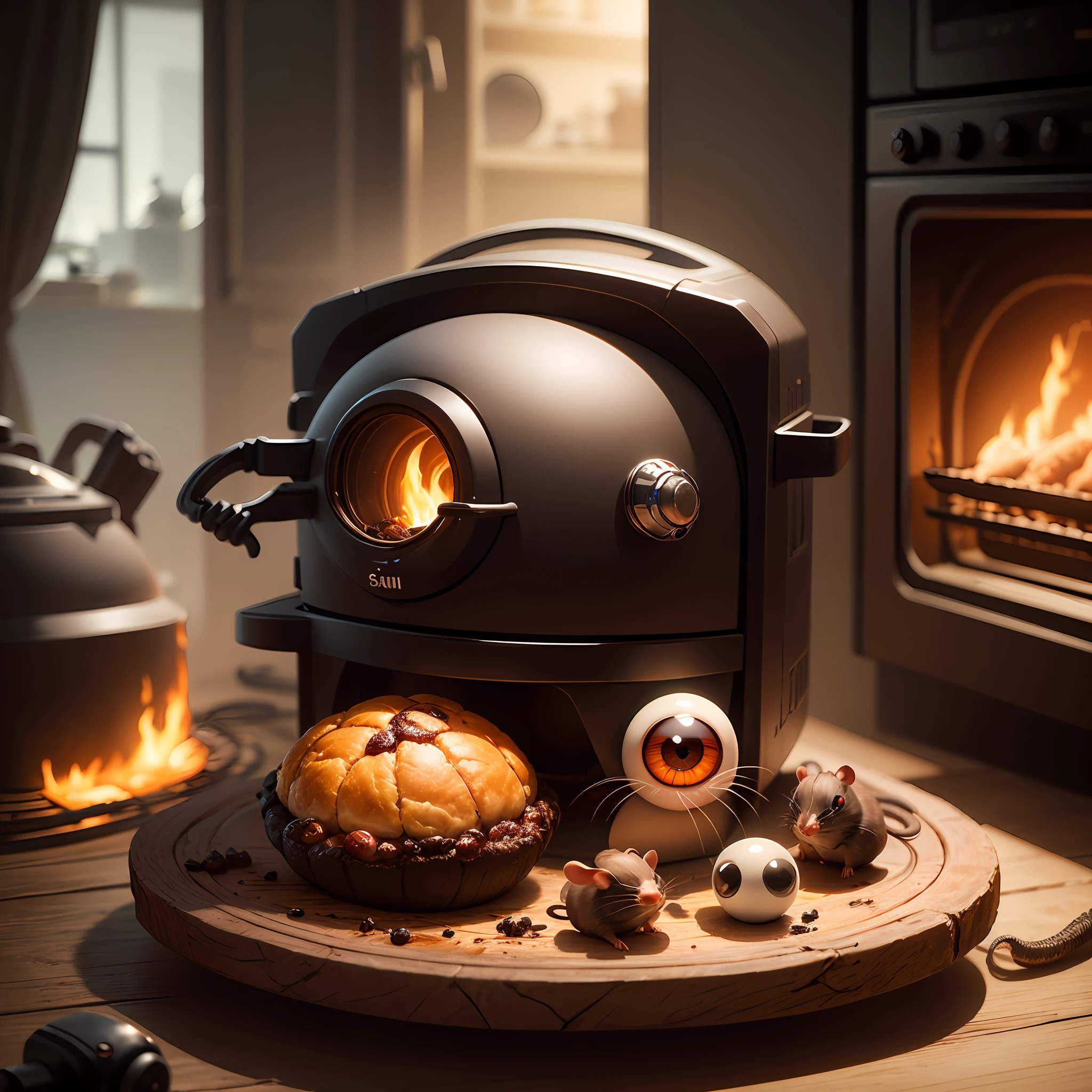 Oven baked plastic rat, eye balls popping out of head, smells, toasted, burnt, crispy mess, chaos, concept art, 4k --auto