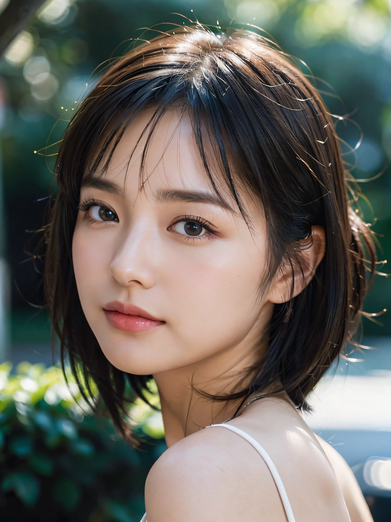 (Best Quality:1.2, 8K, Sharp Focus, master piece: 1.2, Cinematic Light, extremely details CG, beautiful Girl, reality, Detailed face textures, Realistic skin, beautiful makeup, Detailed bangs)), (depth of fields), Bokeh background, Head tilt, Smile, closes mouth, shiny black short hair, Cowboy Shot, white bare top mini dress, jacket off shoulder, from side