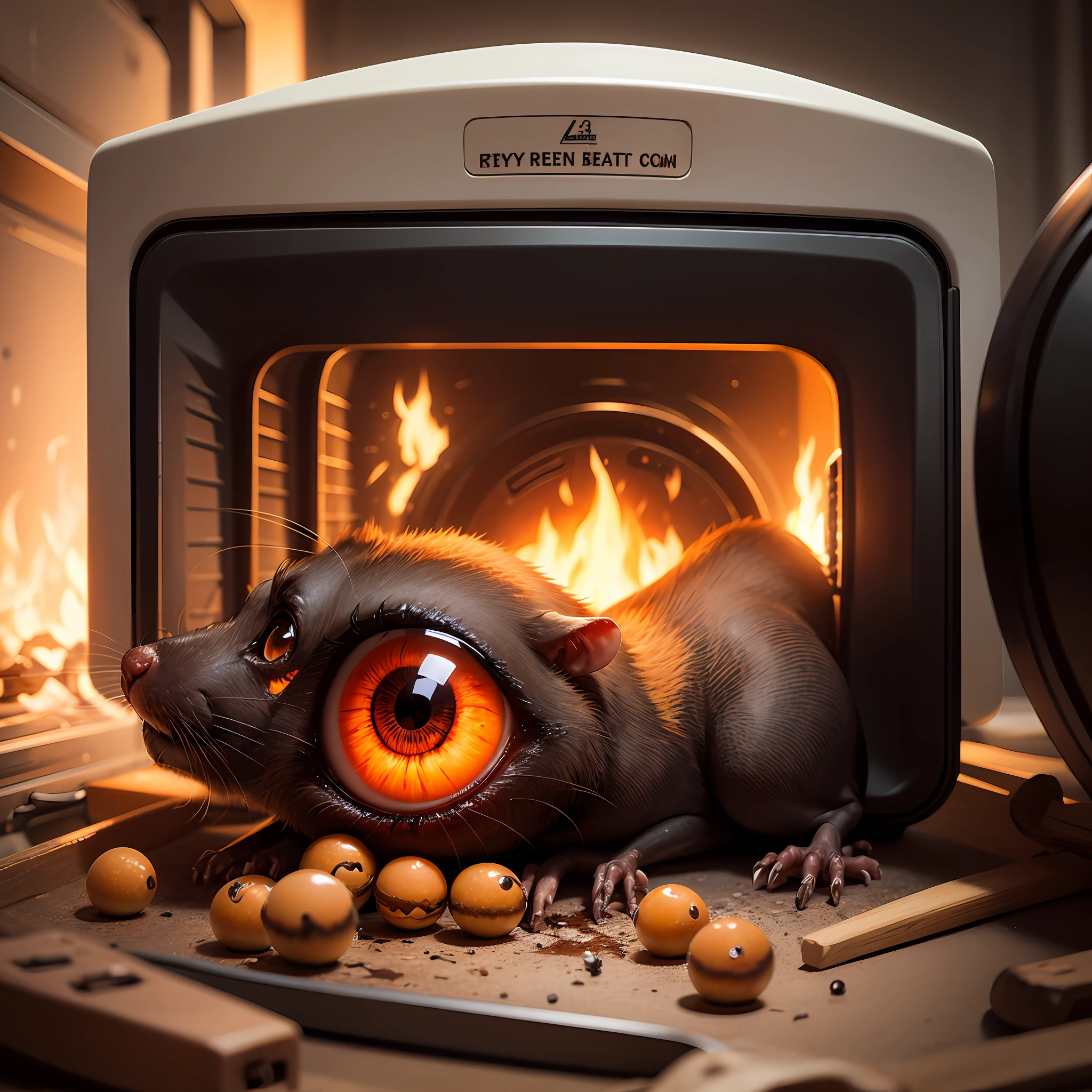 Oven baked plastic rat, eye balls popping out of head, smells, toasted, burnt, crispy mess, chaos, concept art, 4k --auto