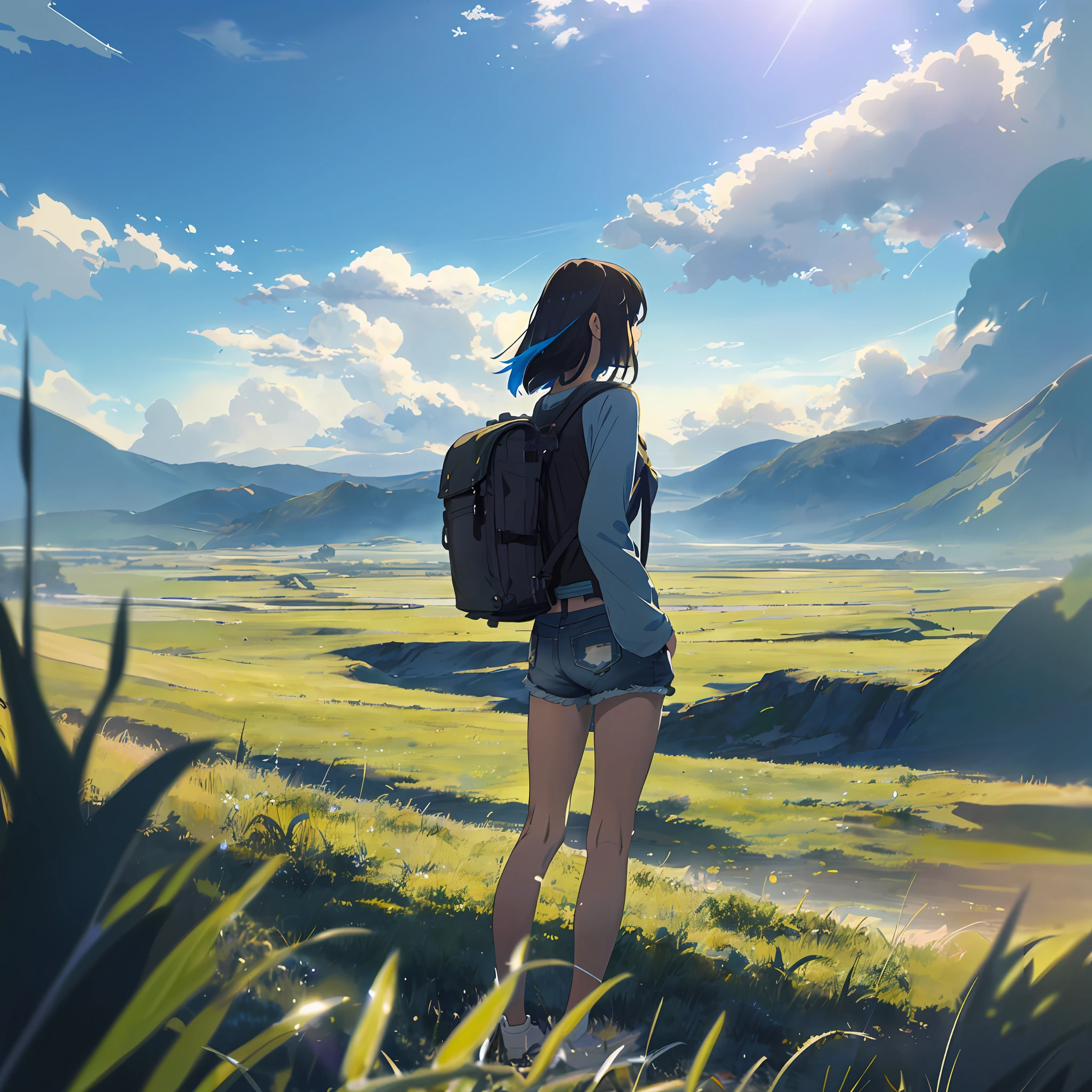 Anime girl with backpack looking at mountains and valleys, Makoto Shinkai Cyril Rolando, ( ( Makoto Shinkai ) ), Makoto Shinkai. —h 2160, Makoto Shinkai!, Makoto Shinkai's style, makoto shinkai art style, Shinkai Makoto style, By Makoto Shinkai, By Makoto Shinkai