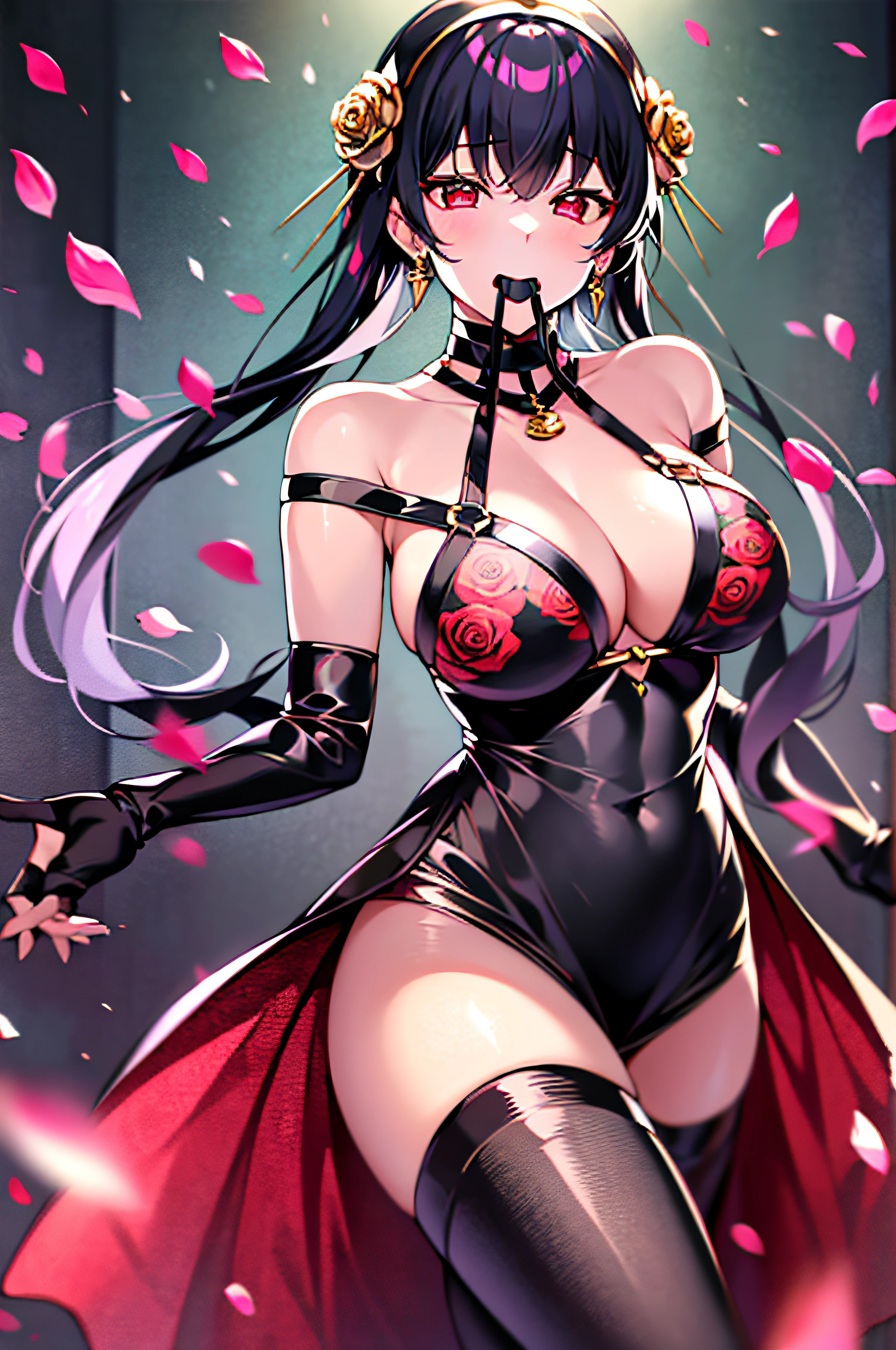 Yorbrier、1girl, in backlight, bare shoulders​, black backgrounds, Black dress, black gloves, Dark hair, Sperm on the face, cleavage of the breast, Mouth open, doress, 耳环, fingerless gloves, floting hair, with floral pattern, with floral pattern, florals, gloves, Gold earrings, Gold Hair Band, flower in hair, hair adornments, shairband, ngel, jewely, large full breasts, light particules, length hair, looking at the viewers, Off shoulder dress、off shoulders、flower petals、red eyes、roses、rose petals、Rose print、short hair with long locks、side locks、独奏、spikes、thighs thighs thighs thighs、two-sided dress、two-sided fabric、、((​masterpiece))