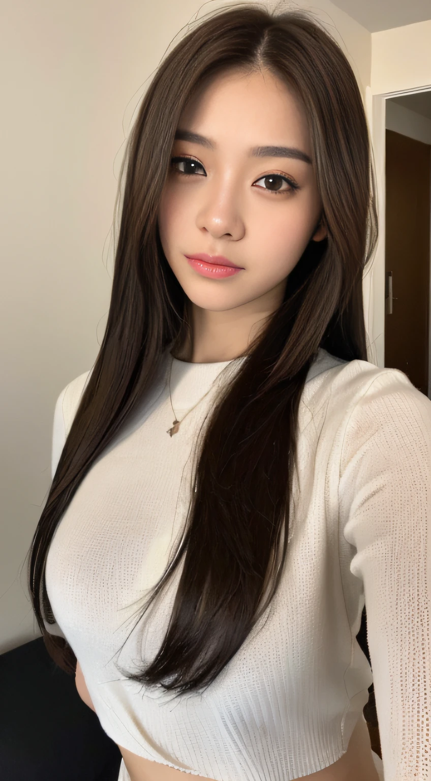 (natta, Need, 8K, tmasterpiece:1.3)), full bodyesbian, Long legs, Focalors:1.2, perfect figure beautiful woman:1.4, Slim abs:1.1, ((Dark brown hair, large tities:1.2 )), (Harnes，The shirt，Side head:1.2,), ((apartament, :1.3)), Highly detailed facial and skin texture, A detailed eye, 二重まぶた，Flying long hair，