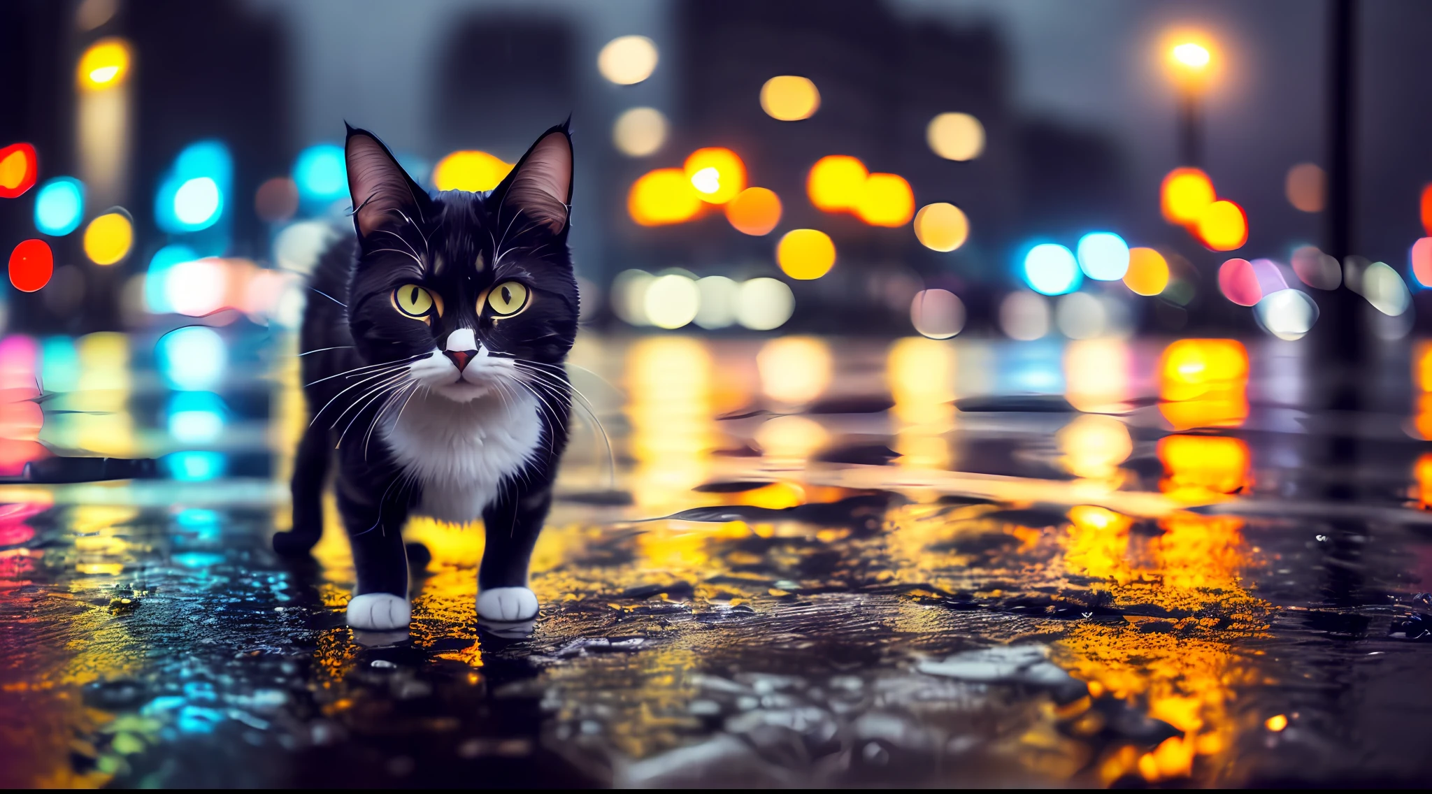 a cat playing in the rain, ((city lights, dark)), ((wet)), puddles, water, ((close up)), photography, HDR, RAW, Nikon, professional, centered, round head, insane details,((intricate details)), hdr, ((intricate details, hyperdetailed)), ((cinematic)), (((backpack on back)))