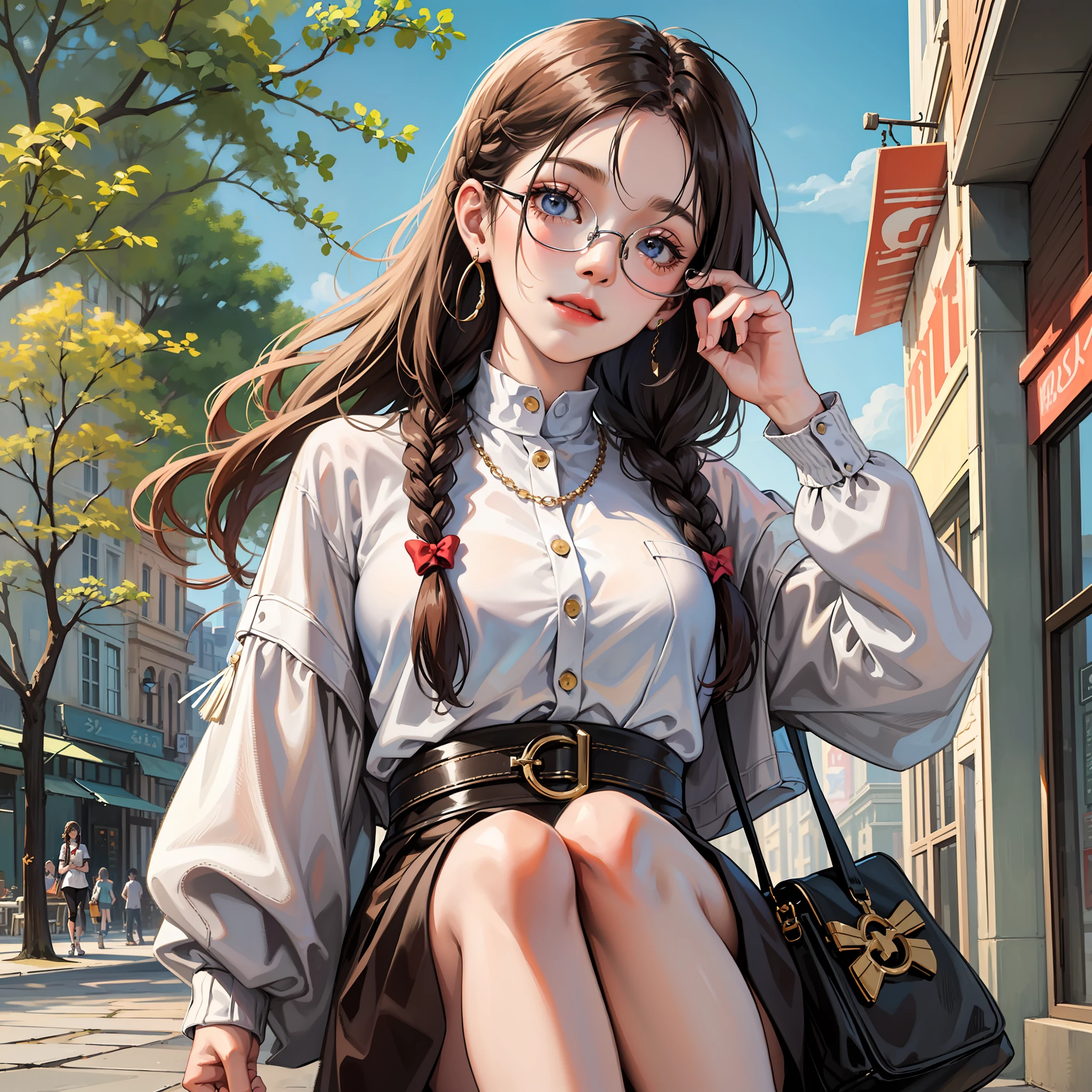 Masterpiece, best quality,
1 girl, looking at the audience,
Reserved class leader girl, gentle smile, relaxed posture, braid braids, glasses, casual conservative clothing, tasteful details, accessories, shoes, bags, leisure environments such as parks, cafes or shopping centers, soft pastel colors and natural tones, background scenery of plants and animals, relaxed atmosphere,
Anime, Illustrations, 
 Delicate skin texture, delicate fabric texture, beautiful delicate face, intricate details, super detailed,