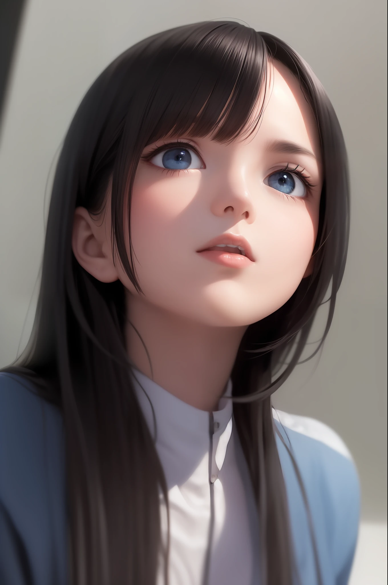 best quality, masterpiece, black hair, blue eyes, looking up, upper body