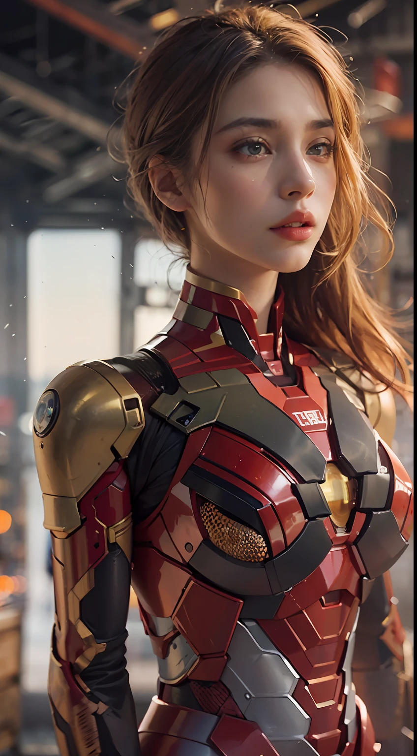 (1girl:1.3), solo,__body-parts__, official art, unity 8k wallpaper, ultra detailed, beautiful and aesthetic, beautiful, masterpiece, best quality, RAW, masterpiece, super fine photo,, best quality, super high Resolution, photorealistic, sunlight, full body portrait, stunningly beautiful,, dynamic pose, delicate face, vibrant eyes, (side view), she is wearing a futuristic Iron Man mech, red and gold, Highly detailed abandoned warehouse background, detailed face, detailed complex busy background, messy, gorgeous, milky, high detailed skin, realistic skin details, visible pores, sharp focus, volumetric fog, 8k uhd, dslr camera, High quality, film grain, fair skin, photorealism, lomography, sprawling metropolis in a futuristic dystopia, view from below, translucent