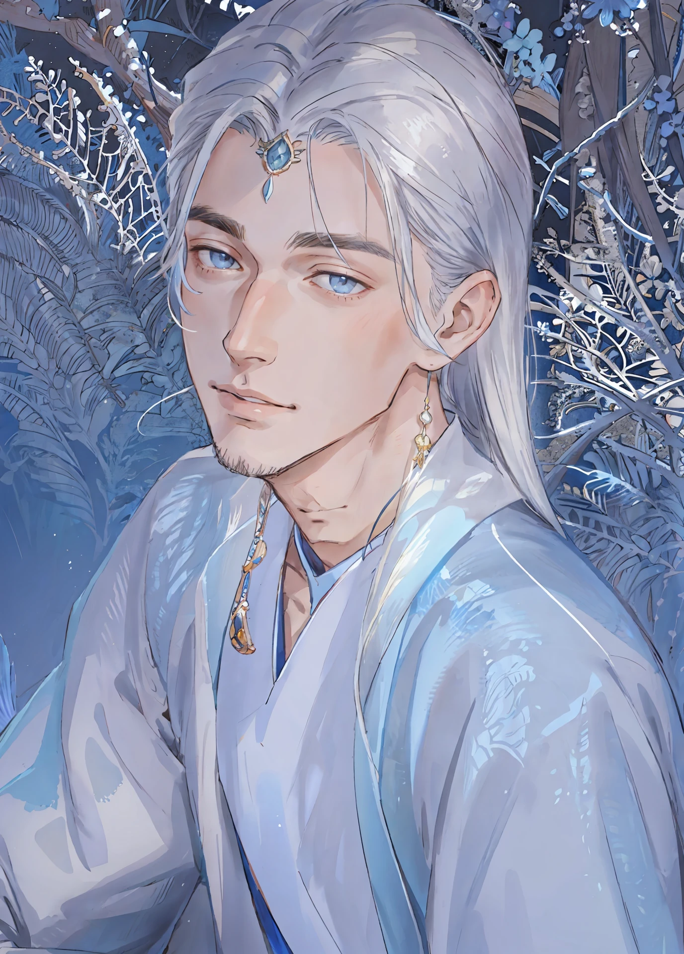 (Best quality at best),male people,mermaids,full bodyesbian,Blue tail,Fish ears,long whitr hair,opulent,Delicate facial features,The strokes are delicate,young male,1male people,Handsome,Extremely beautiful facial features ,Refine the details ,long whitr hair,Positive facial features ,orthofacial,shoun,Smooth face shape,young,No beard,is very beautiful