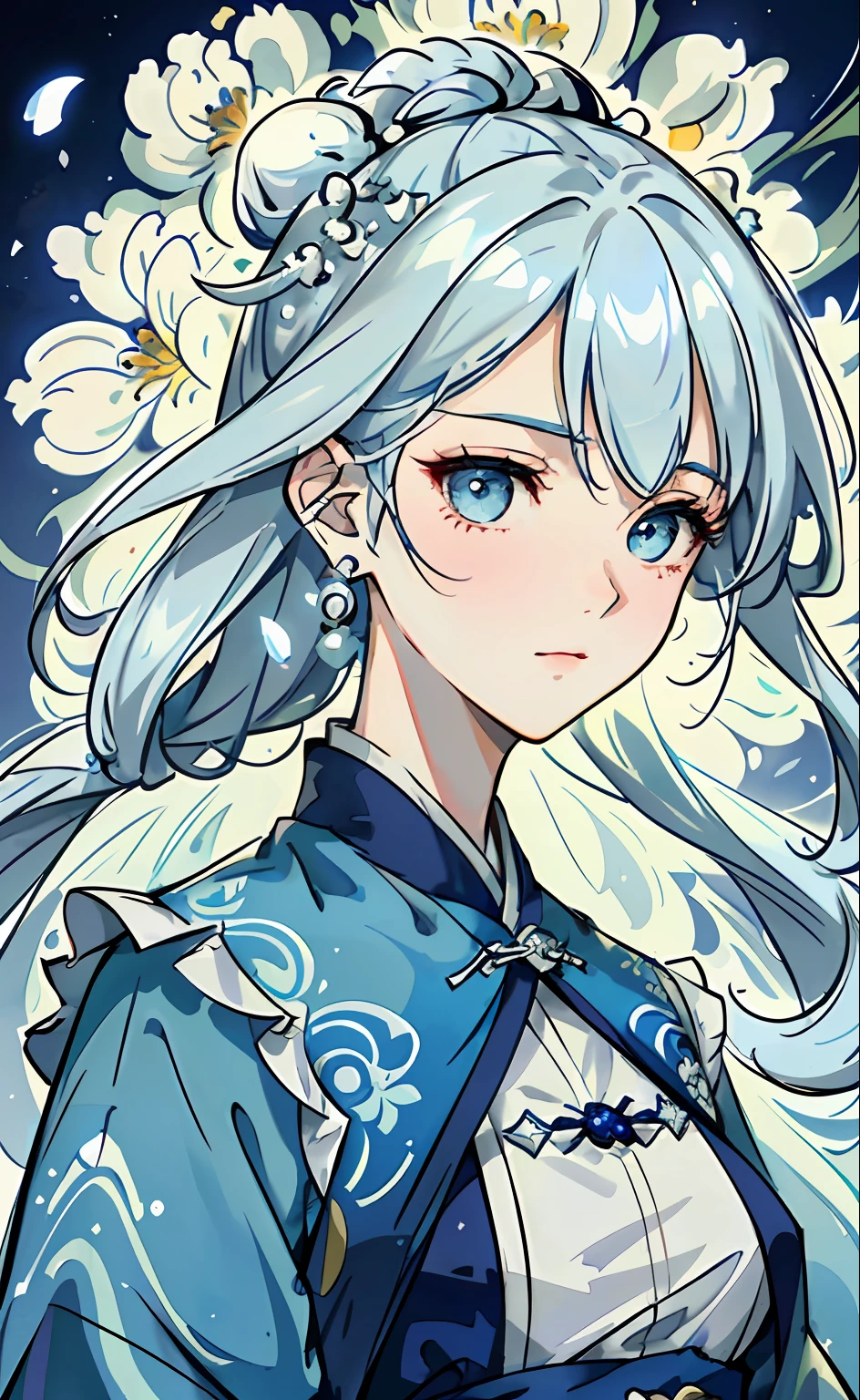 Mature girl, blue and white hair color, inner pick dye, floating hair, delicate and smart eyes, intricate damask hanfu, gorgeous accessories, wearing pearl earrings, FOV, f/1.8, masterpiece, complex scene, petals flying, front portrait shot, Chang'e, side lighting