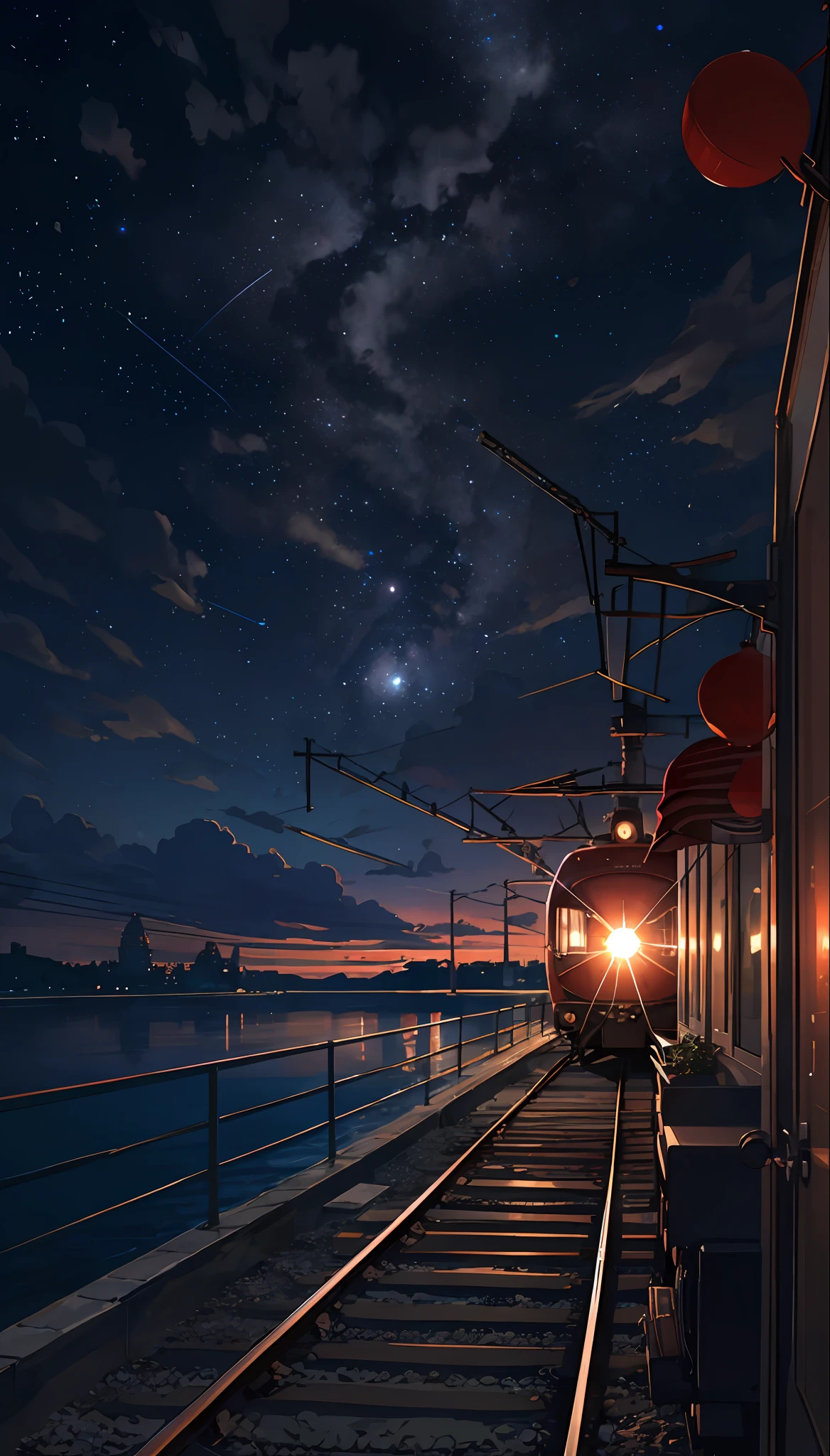 tmasterpiece,Anime train passing through bodies of water on tracks, (Glittering starry sky:1.2)。Romantic train,Picture of Makoto Shinkai,pixiv,concept-art,Lofi art style,Reflectors。 by makoto shinkai, lofi art, beautiful anime scenes, Anime landscapes, Detailed scenery —width 672, in style of makoto shinkai, style of makoto shinkai,Detail enhancement。