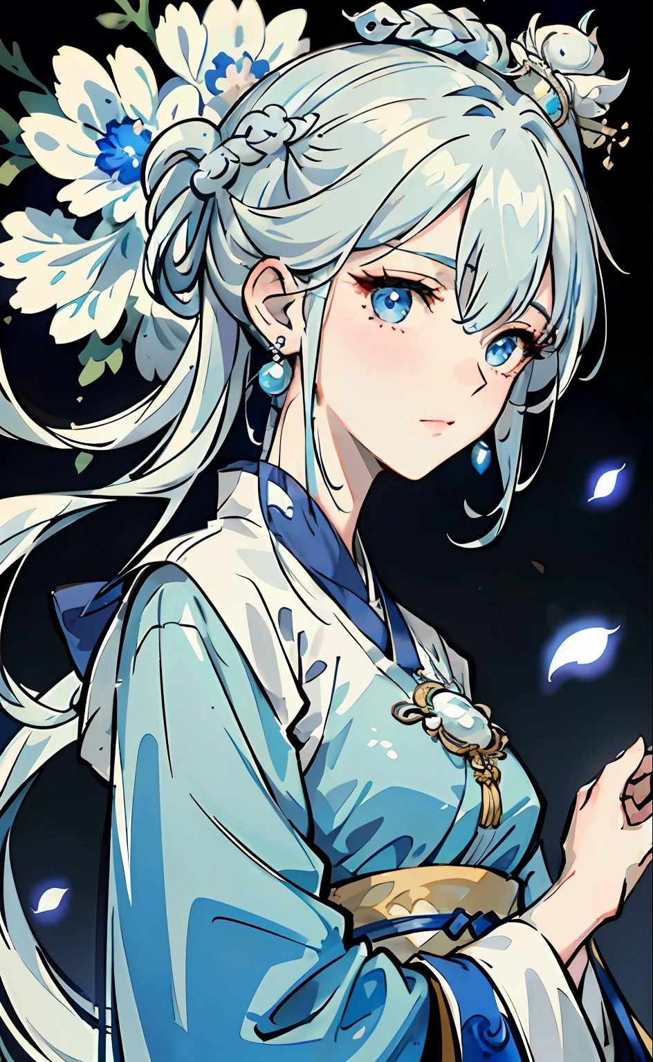 Mature girl, blue and white hair color, inner pick dye, floating hair, delicate and smart eyes, intricate damask hanfu, gorgeous accessories, wearing pearl earrings, FOV, f/1.8, masterpiece, complex scene, petals flying, front portrait shot, Chang'e, side lighting