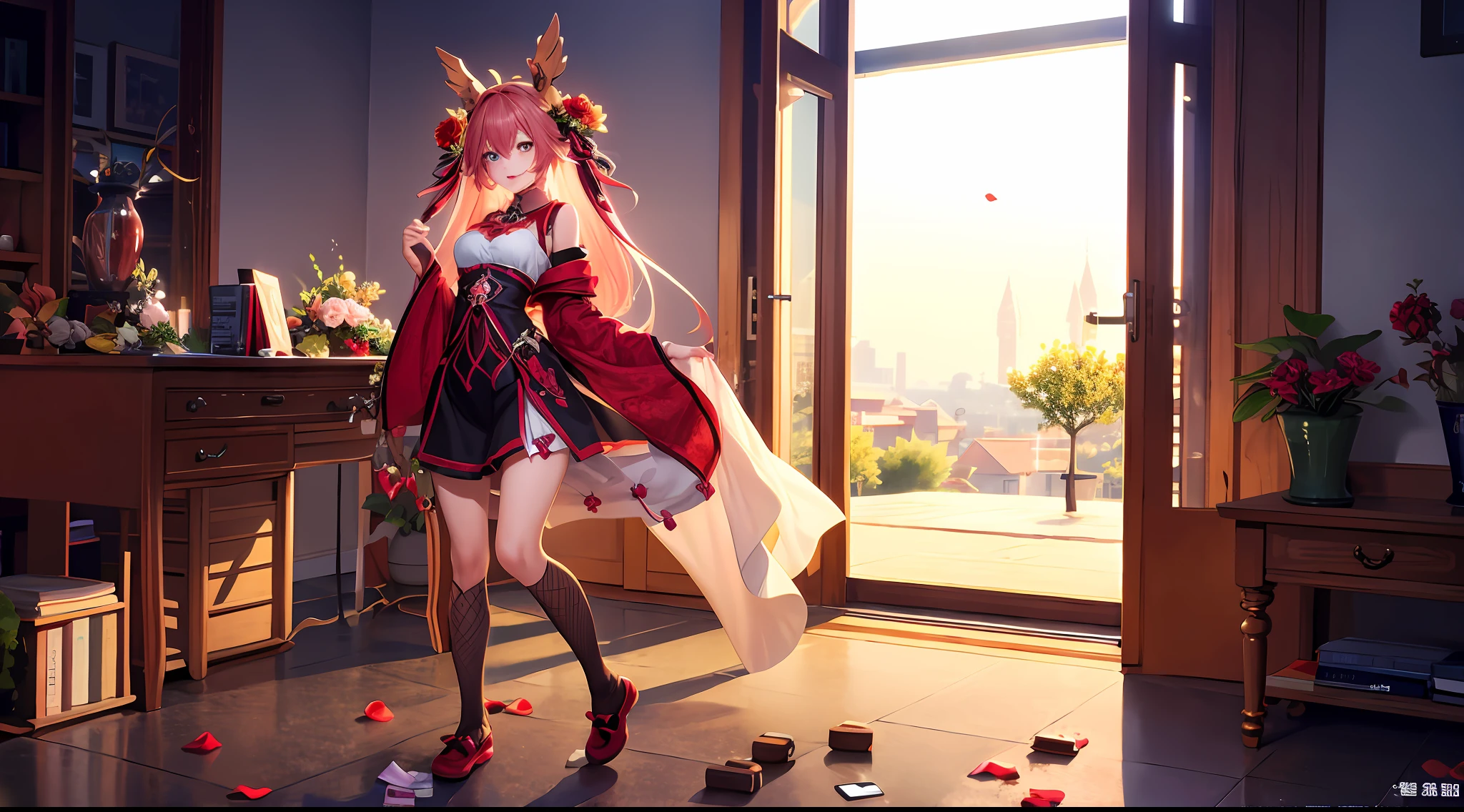 (Extreme Detail CG Unity 8K Wallpapers,tmasterpiece,Highest image quality),(Delicate light and shadow,The picture is highly dramatic,Cinematic lens effect)school ground、Female Student、Stand in the center of the lens、Paper、School supplies fell to the floor、holding books、standing on your feet、Long light red hair、Small and beautiful、with fair and smooth skin、Hole-in fishnet socks、shift dresses、grin、Slender eyebrows、Small nose、The eyes are deep and bright、Lips are rosy and plump 、The costume is simple、vibrancy、Bright colors、cozily、耳Nipple Ring、Bracelet、hair adornments、head gear、Wrist watch、Playful、Girly、stocklings、Black lace panties、Leg chains、fresh flowers、Cute shoes、Falling debris、Full body like、Dignified、中景 the scene is、petals、anime big breast、quadratic element、Brush Strokes