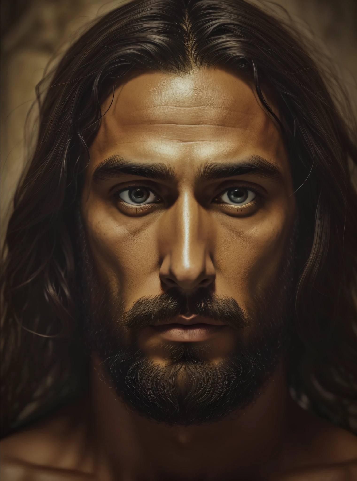 Retrato de JESUS CRISTO, Lighting in cool tones, foto em tons escuros, Ultra-realistic epic, cinematic portrayal, hiperdetalhado, luzes frias, dramatic light, fundo complexo e escuro. Ultra-realistic skin with expression marks, olhos castanhos esverdeados, cabelo e barba ultrarrealista, wearing white tunic, 8k, wallpaper, UHD, fotorrealista, semblante de Jesus Cristo, foto de Jesus, jesus of nazareth, profundidade de campo.