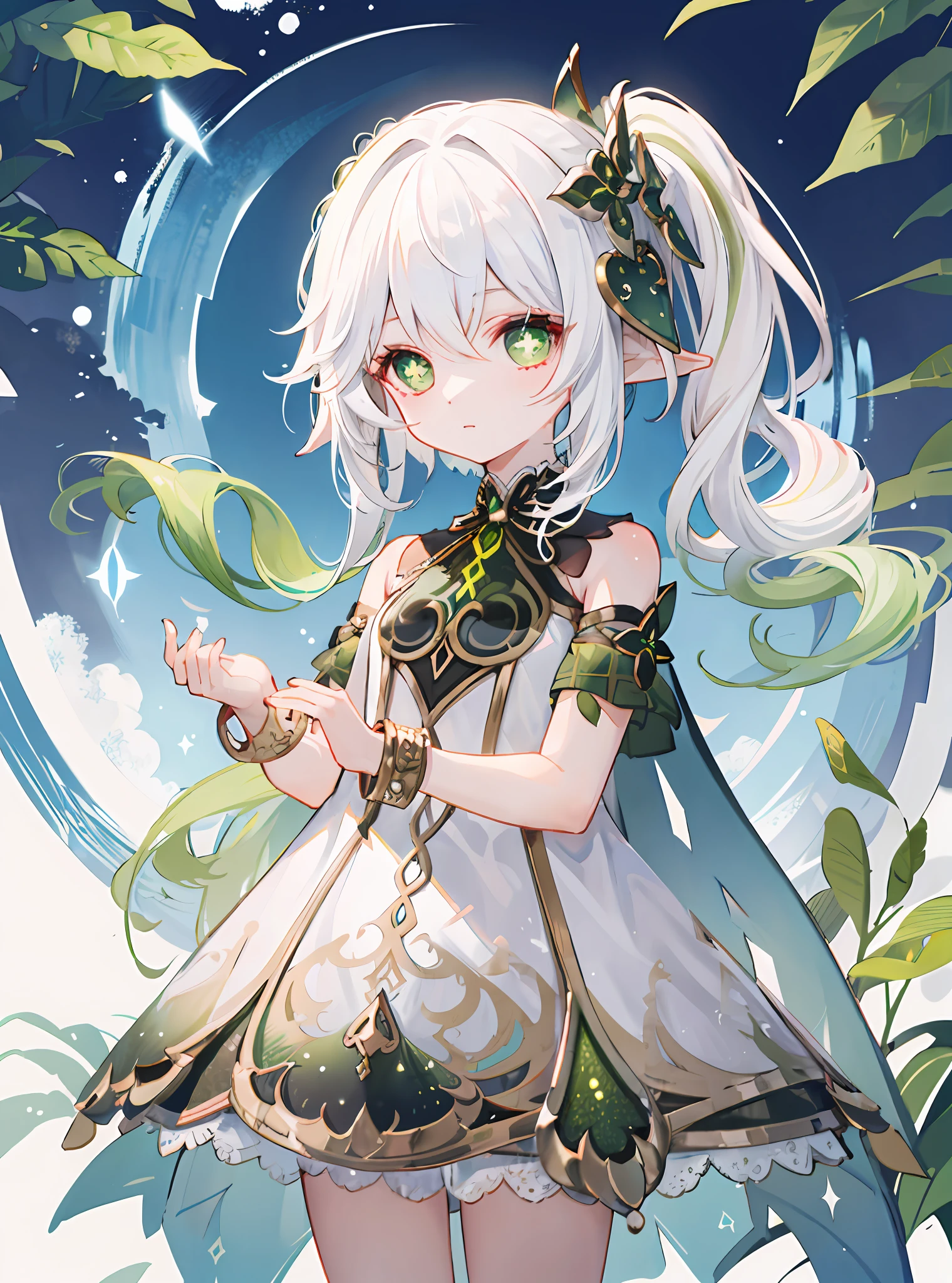 Nahida_Genshin,(White hair),cross-shaped pupils,default_dress,Green cape,