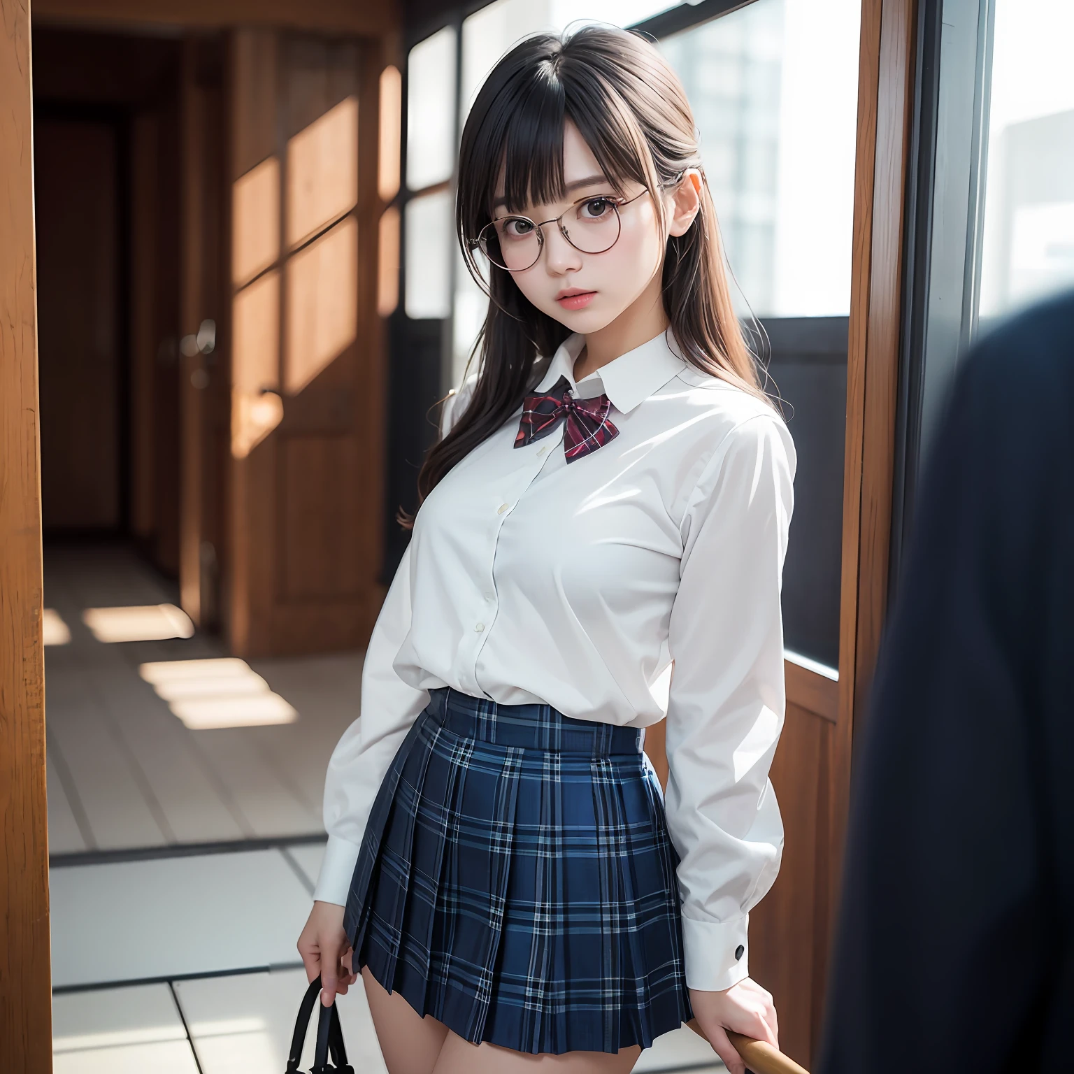 （8K、Raw photography、top-quality、​masterpiece：1.2),Parting the bangs from the middle、Forehead visible,(Tight eyes,Bullish,skinny,Rasping,irate,small tits,flat breast)、​masterpiece,top-quality、超A high resolution,Raw photo,ren,Beautiful fece,One Person, 独奏,eye glass,,Dark look,Small breasts,fullllbody,Round glasses、cute little、A Japanese Lady,is standing,(Tight eyes,Bullish,skinny,Rasping,irate,small tits,flat breast)、（Photorealsitic：1.37）、Photon mapping,Light blue ribbon,Realistic、Cute little face,Brown-eyed、Black socks、(Red bow tie)、Radio City、Physically Based Rendering、Foreground、depth of fields、Blurry background、a picture,The girls、Body, Long legs, Thin leg, poneyTail,(Bangs are visible), hair, s lips, Blue_The eye, nosesoft,  Light blue bra shows through,White shirt, Navy blue and white plaid pleated skirt, Sheer clothing,, Thigh, Black cotton socks,Nogizaka Idol, 女優, Japanese ido