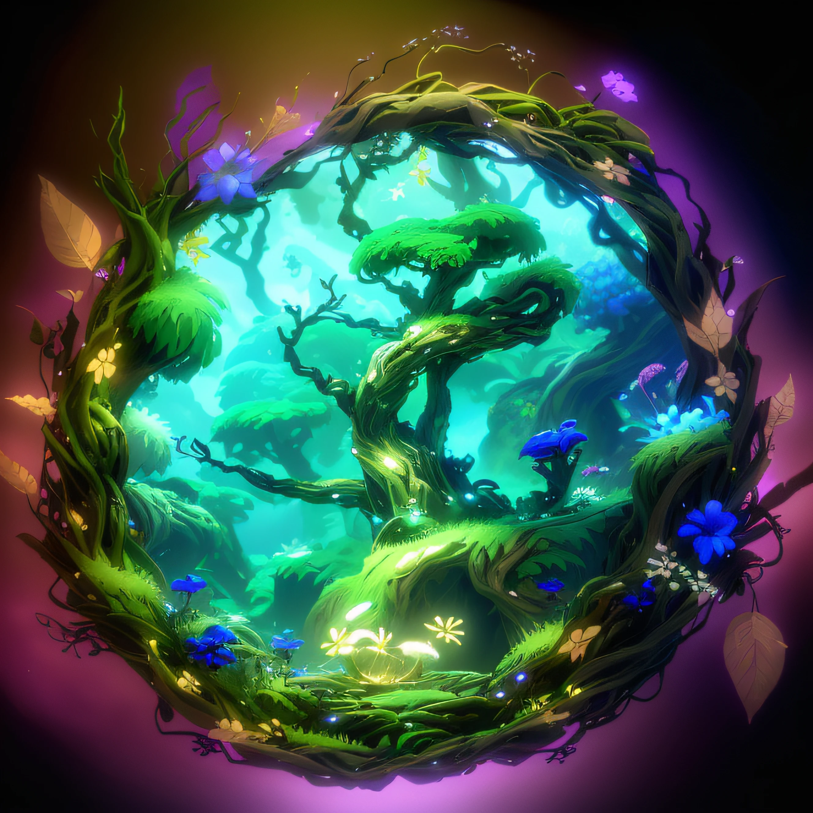 tree branch，Microscopic vegetation surrounded by stout vines，The center reinforces Gaussian ambiguity，flower ring，Wenman Circle，swirling nature magic, Ori and the Blind Forest, ori and the will of the wisps，Optimal material feel，best detail，Best special effects