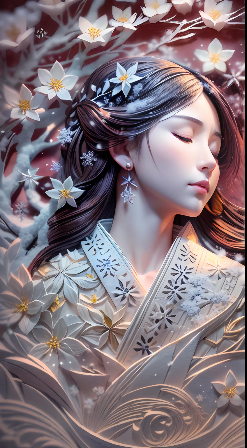 illustration: 1.3), paper art, 3D rendering of, , (Beautiful side face，closing her eyes:1.3), (Representative work plum blossoms:1.2)(Masterpiece snow:1.2) , Colorful, Best quality, Detailed details, Masterpiece, offcial art, movie light effect, 4K, Chiaroscuro , Flash
