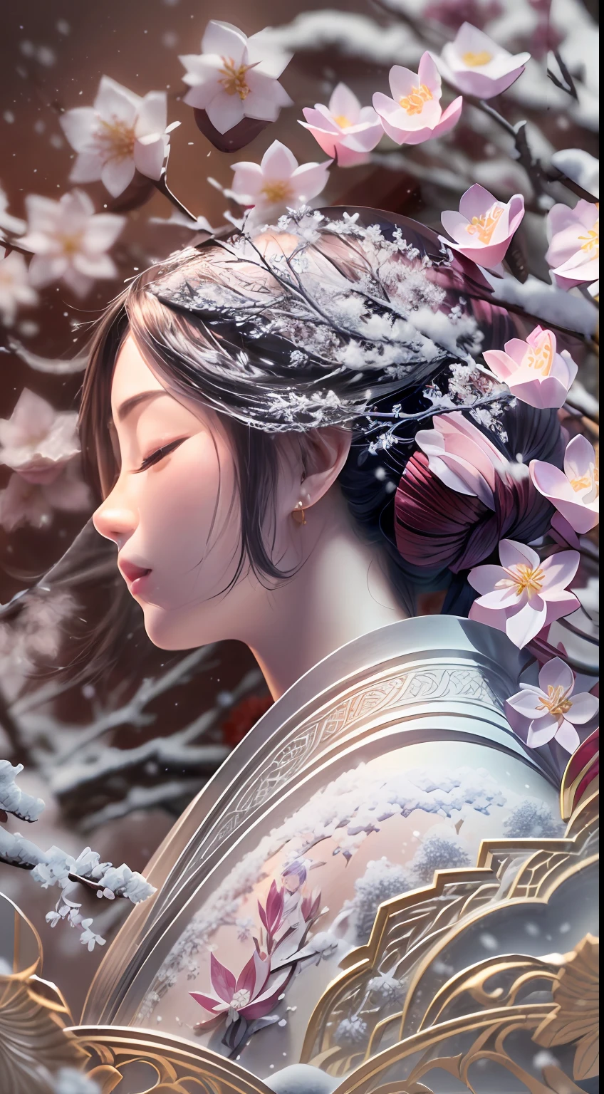 illustration: 1.3), paper art, 3D rendering of, , (Beautiful side face,closing her eyes:1.3), (Representative work plum blossoms:1.2)(Masterpiece snow:1.2) , Colorful, Best quality, Detailed details, Masterpiece, offcial art, movie light effect, 4K, Chiaroscuro , Flash