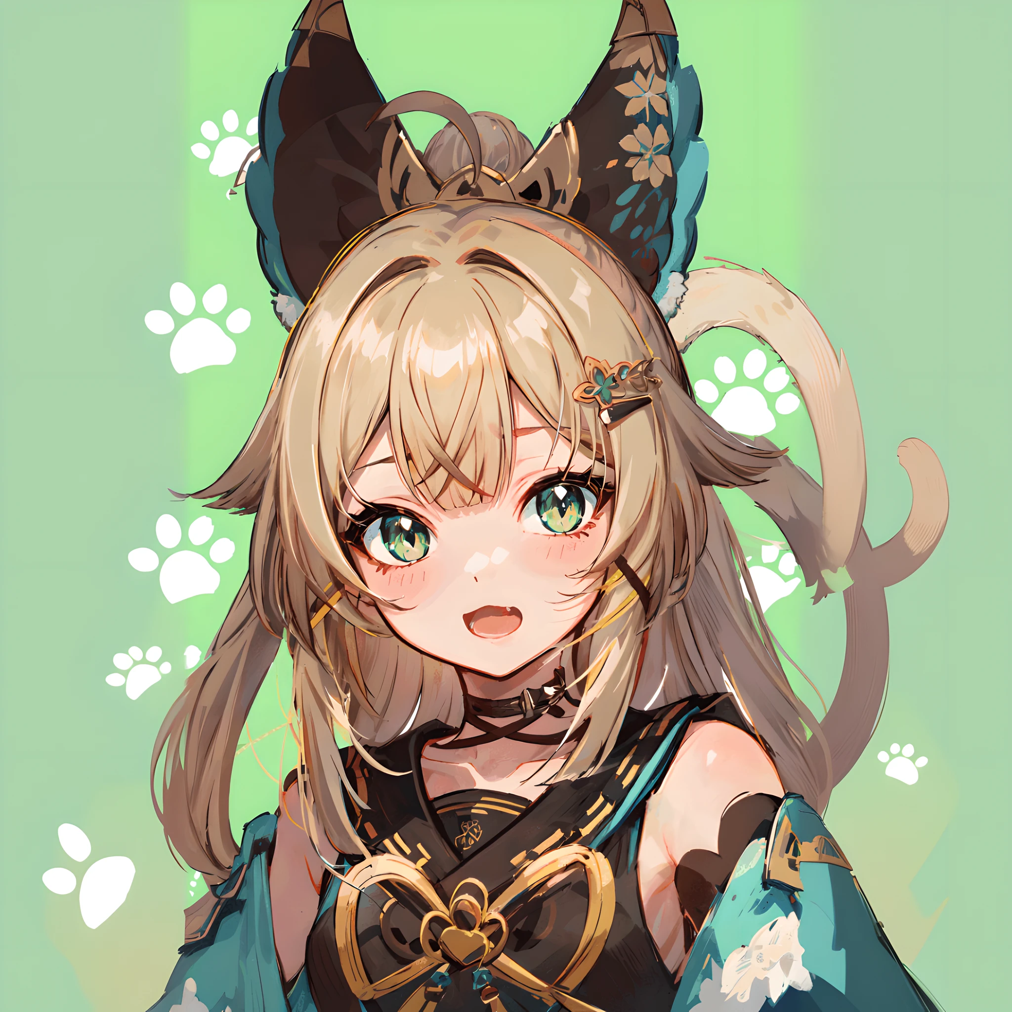 pale green background,White cat's claw pattern,Two tails
