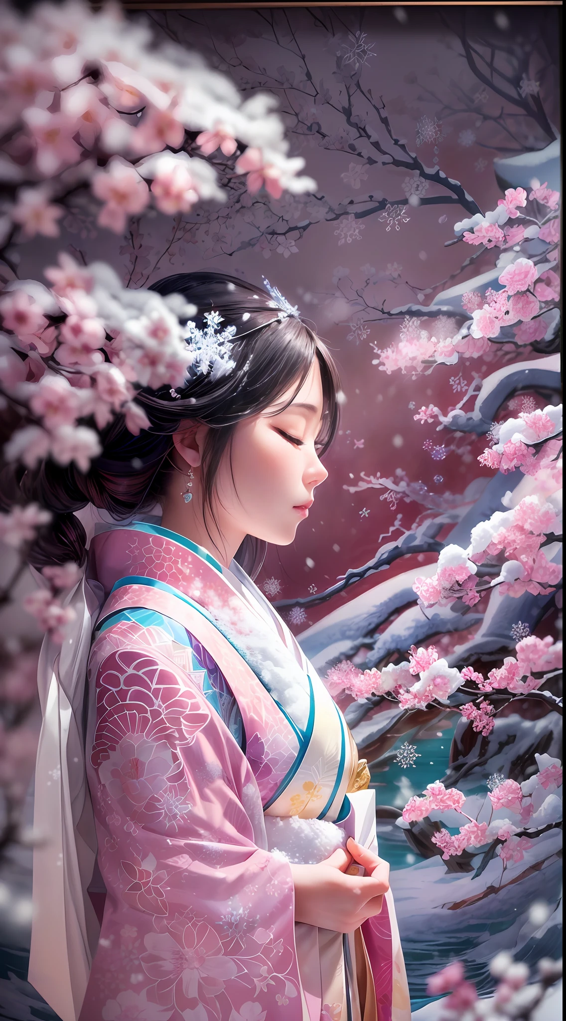 illustration: 1.3), paper art, 3D rendering of, , (Beautiful side face,closing her eyes:1.3), (Masterpiece plum blossoms:1.2)(Masterpiece snow:1.2) , Colorful, Best quality, Detailed details, Masterpiece, offcial art, movie light effect, 4K, Chiaroscuro , Flash