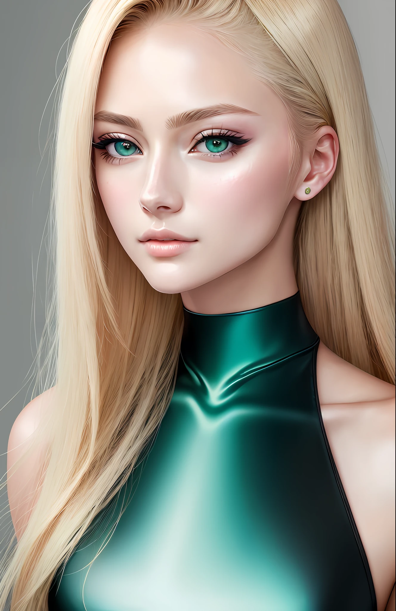 anime styled、Moisturized seagreenno eyes、Beautiful woman like a fashion model、a closeup、portlate、Beautiful, Beautiful blonde without hair ornaments, hight resolution,　top-quality, ​masterpiece, 8k wallpaper、 One Person、