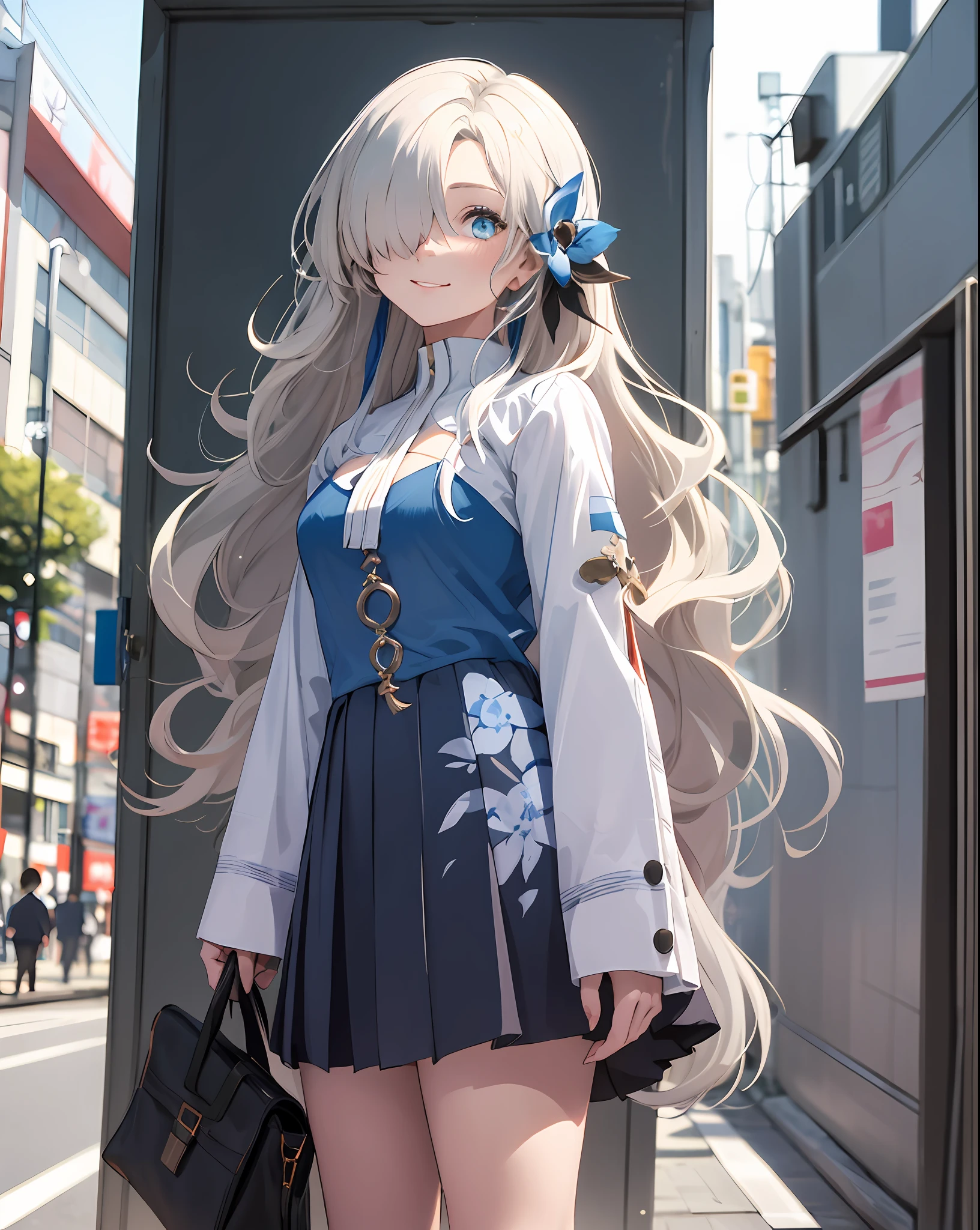 1girl,solo,standing,white_hair,bluejoucho,hair over one eye, cowboy shot,light smile, (school uniform:1.4),outdoors,shibuya \(tokyo\), city,