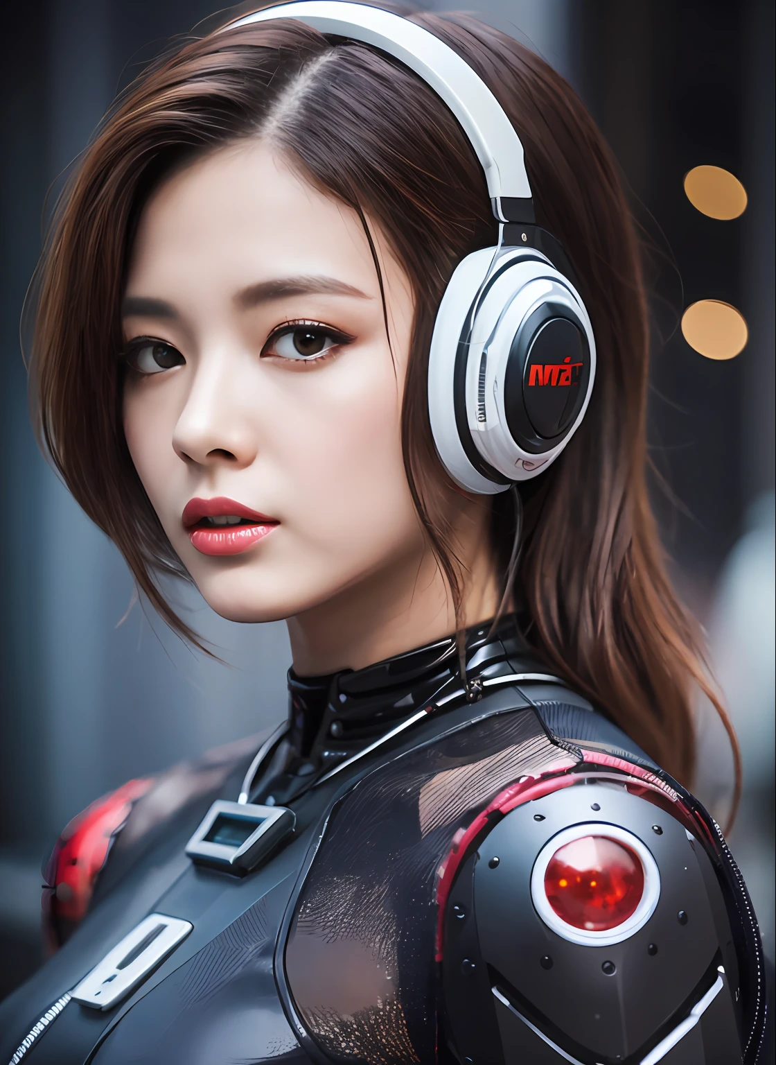 melhor qualidade de imagem、8k,Fotografia nefasta, Retrato da parte superior do corpo、Cute robot in cybernetic clothes、mechanical body、Guerra Cyberpunk, vermillion anachronism, futuristic fragmentation, Layered Composition, Futurismo Cyberpunk, cinematic still, filmado em filme, Shot with camera - met the requirements for best image quality、Generates dynamic images。--AR 3:2 - S 600、Reduzir x 1.5