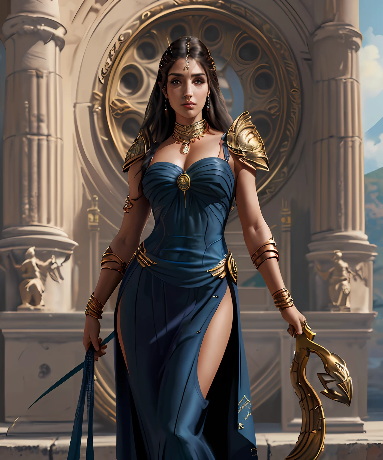, ((muy detallado|finamente detallado|meticulosamente detallado|intrincadamente detallado)), pintura digital, 4k, HDR,, ((suave|suave)), (clearly|clearly|claramente) Athenas , la diosa Athenas , full body , cuepro sexy , vestido y armadura