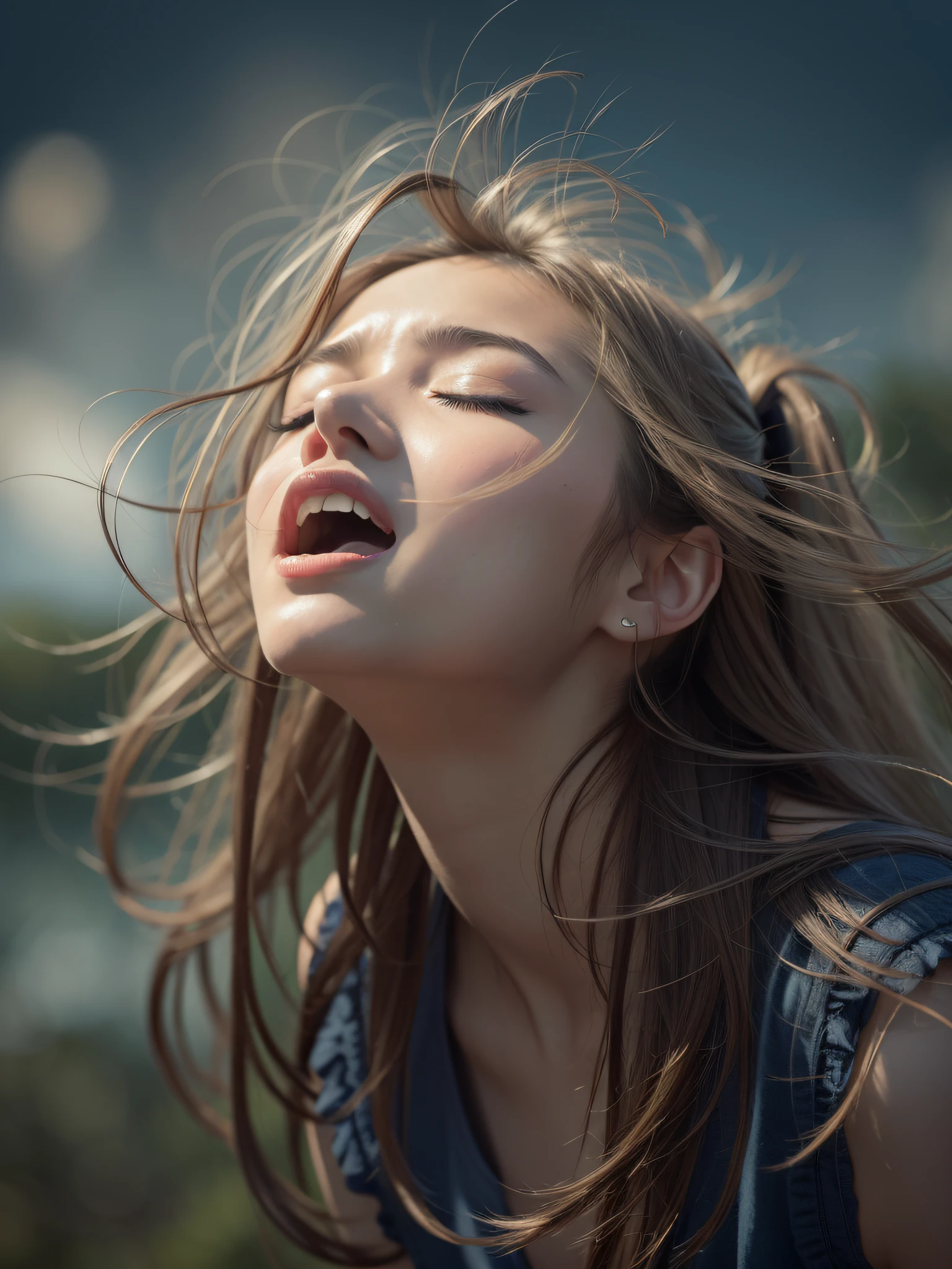 one girl,Close eyes):2.0, (Open mouth):1.5 Real numbers、8yk、Raw photo、(masuter piece)、(top-quality)、Hi-Res、((Looking Up))(girl with)、(realisitic、Photorealsitic1.5), Upper body、Ponytail,Sleeveless、skinny、14years、small tits、Eyes closed、Deep sadness、Sorrow、look up sky、Open mouth、screeming、Background blur