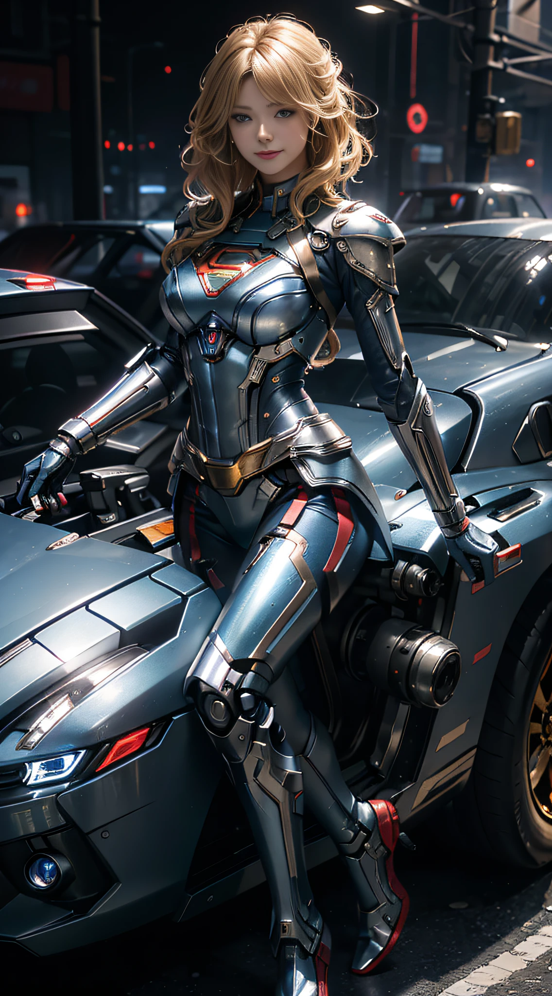 Supergirl's Masterpiece, (Best quality), Highly detailed, Ultra-detailed, 1 Supergirl, (Mechanical wings: Golden, glowing light eyes: Blue, Silver armor: 1.2, Hair grows to the waist: 0.8), (cyber punk city: 1.5, arma: Energy Blade), (Fantasy landscape: 1.2, Natural lighting: 1.5, self-confident expression), (in a panoramic view: 1.2), Blue and red mechs, Blonde, Smile, Blue eyes,expose arms,nabel,upper legs, Angle, Angels, .