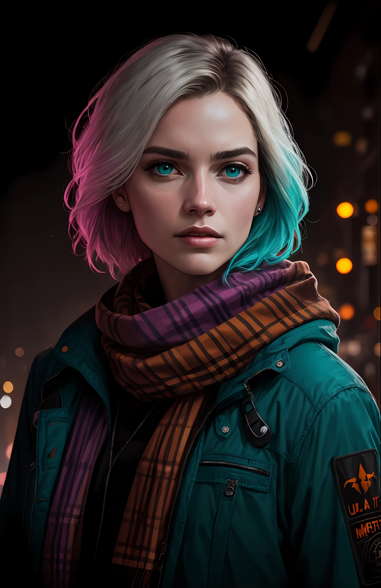(dark shot:1.1),epic realistic,Halo portrait,eBlue eyes,Plaid scarf,White-haired author:atey ghailan,author:greg rutkowski,author:greg tocchini,author:james gilleard,author:joe fenton,author:kaethe butcher,gradient yellow、 black in color、Brown and magenta color scheme,grunge aesthetic!!!graffiti tag wall background,Artwork by Greg Rukowski and Artgerm,Soft cinematic light,adobe lightroom,photolab,hdr,iintricate,The is very detailed,(depth of fields:1.4),faded,(com cores neutras:1.2),(hdr:1.4) ,(pastel colour:1.2),ultra - detailed,(artstation:1.4),cinematic ligh,warm lights,Dramatic light,(Complicated details:1.1),the complex background,(rutkowski:0.66),(Teal and orange:0.4)