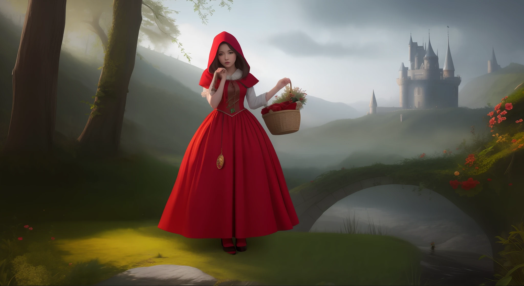 There was a woman in a red dress holding a basket, fairy tale style background, beautiful render of a fairytale, littleredridinghood, thief red riding hood, Inspired by Dorothy Hood, littleredridinghood, fantasy matte painting,Cute, Realistic fantasy rendering, fantasy fairytale story, background artwork, fantasy digital painting, beautiful fantasy maiden, digital art fantasy art, beautiful fantasy art