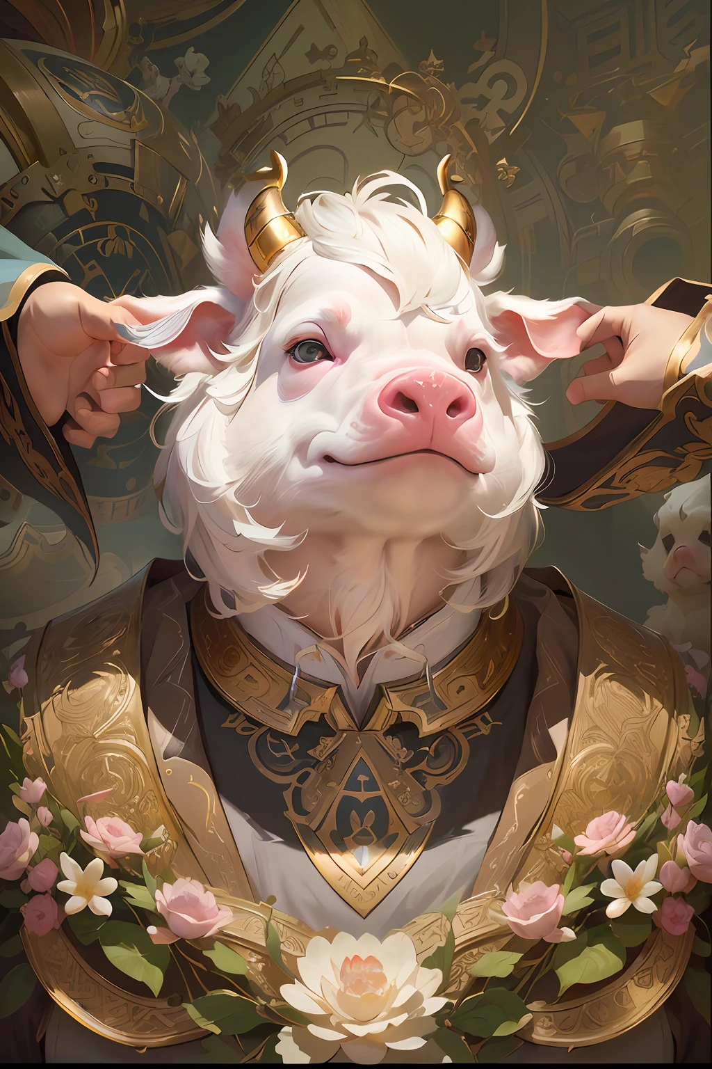 There is a white pig with horns and a gold collar, wojtek fus, wlop and ross thran, Guviz-style artwork, yanjun cheng, anthropomorphic warrior piglet, beeple and alphonse mucha, Beeple and Jeremiah Ketner, ross tran and wlop, Ross Tran 8 K --auto