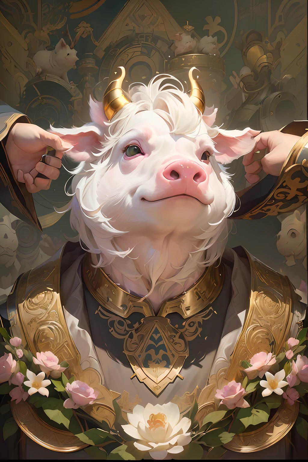 There is a white pig with horns and a gold collar, wojtek fus, wlop and ross thran, Guviz-style artwork, yanjun cheng, anthropomorphic warrior piglet, beeple and alphonse mucha, Beeple and Jeremiah Ketner, ross tran and wlop, Ross Tran 8 K --auto