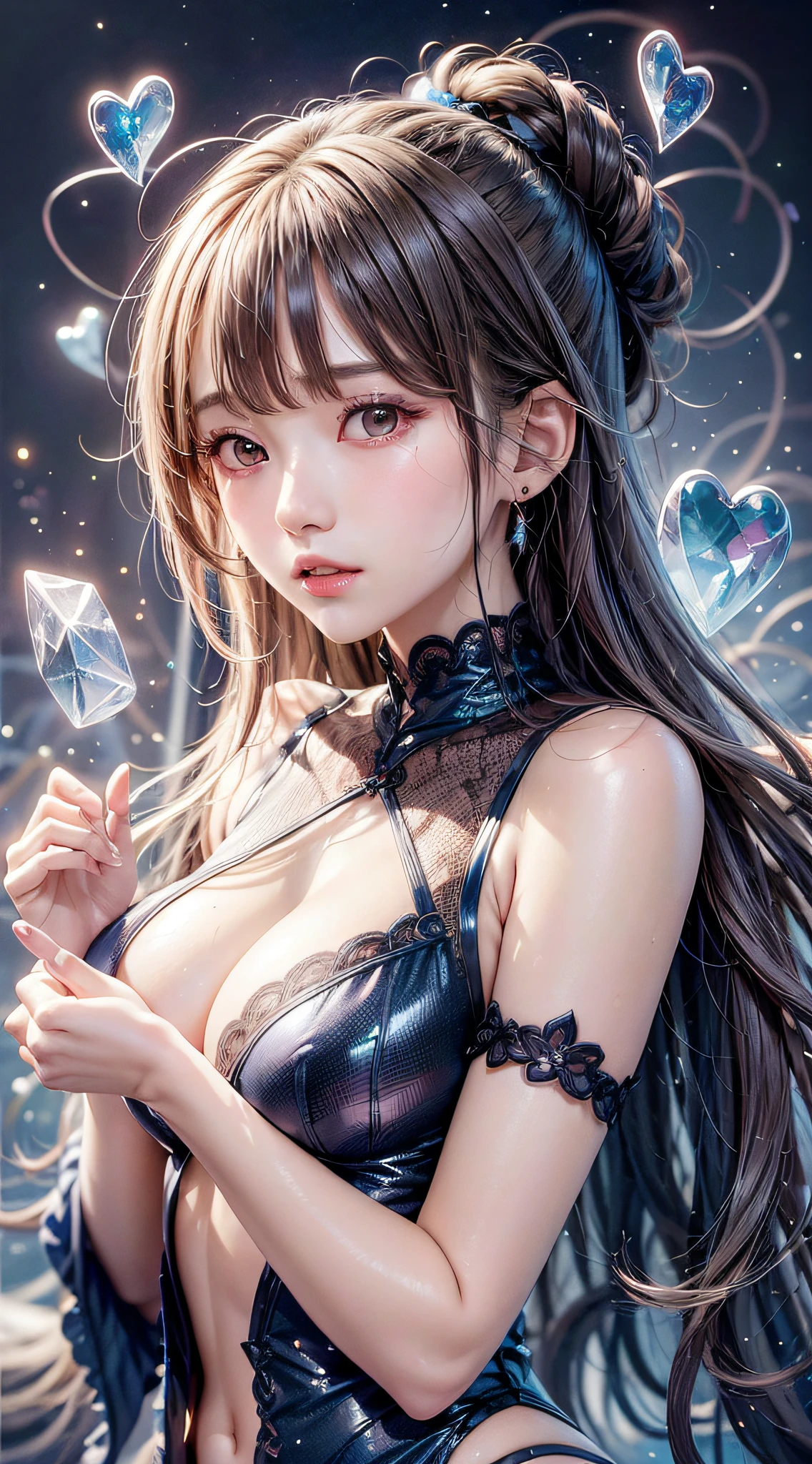 Beautiful girl story wrapped in love, Beautiful eye details, A captivating anime girl gracefully emerges from the pages of a watercolor painting, Her vivid and complex colors are, Bring your artwork to life, (see-through transparent clothes, Transparent costume:1.5), She wears a chest-opening fantasy costume decorated with delicate details,Fascinating worldview, Luminescent elements, Glowing crystals surround her like air, casting a soft, otherworldly glow, The style of watercolor painting is、Imbues the image with a sense of fluidity and delicacy, as if the colors are effortlessly blending and bleeding into one another, Camera shot: medium shot, Soft Focus, luminescent glow Lighting, watercolor brushstrokes, Sophisticated and very delicate anime illustration, unique colors, Portrait of an anime girl, Costume with open chest, Irridescent color, beautiful girl illuminated by seven colors of light,