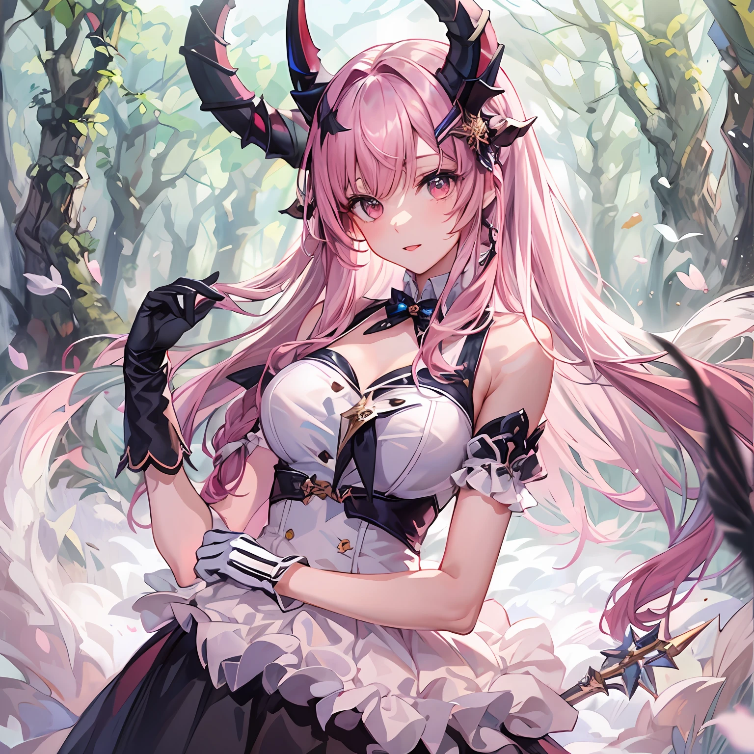 masterpiece , best quality, 1girl, solo, horns, skirt, shirt, white gloves, long hair, holding, black skirt, gloves, fur trim, white shirt, ribbon, looking at viewer, pink hair, upper body, bangs, outdoors, fantasy world,