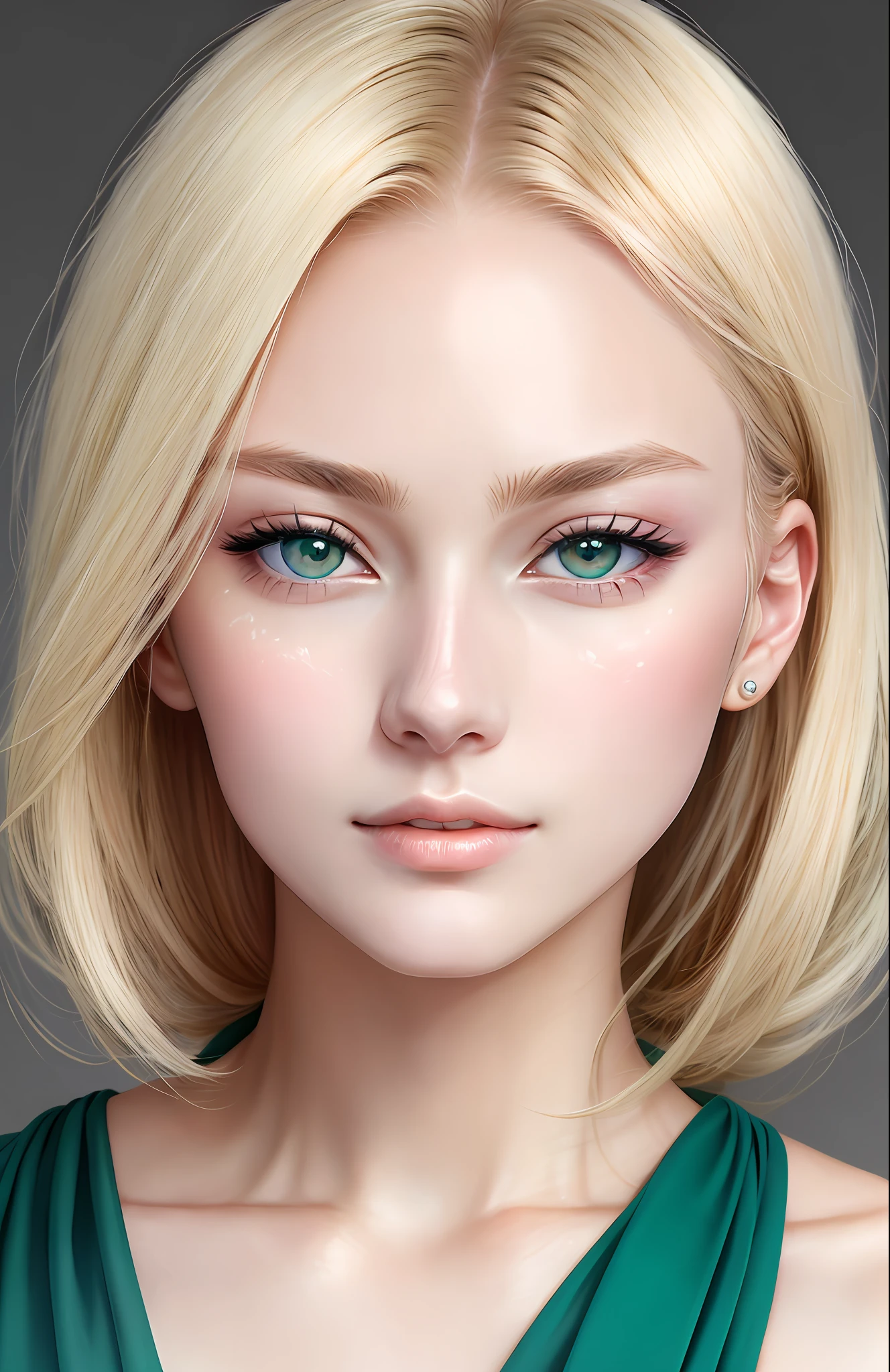 anime styled、Moisturized seagreenno eyes、Beautiful woman like a fashion model、a closeup、portlate、Beautiful, Beautiful blonde without hair ornaments, hight resolution, top-quality, masterpiece, 8k wallpaper、 One Person、Beautiful skin、20yr old、