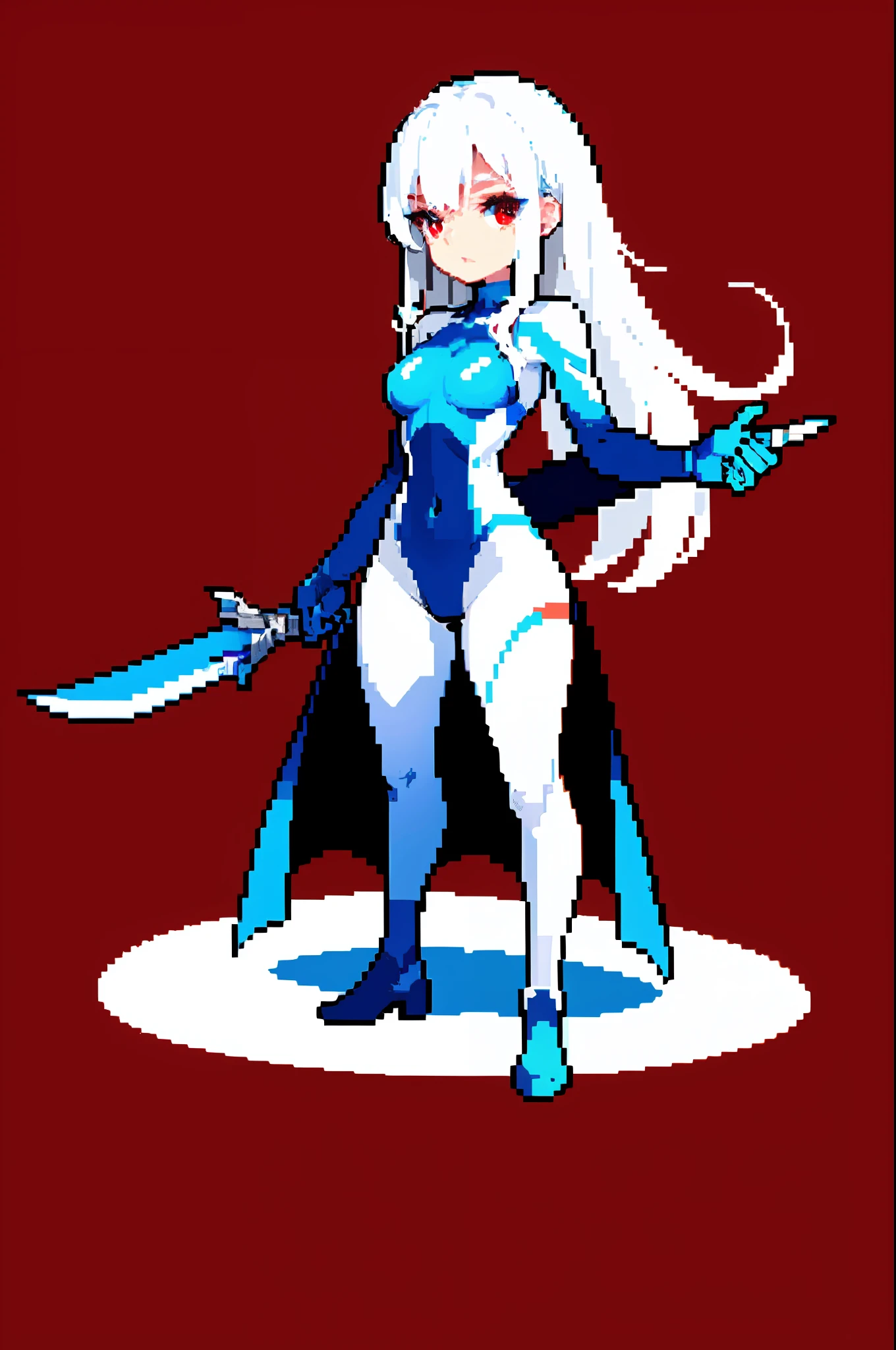 （tmasterpiece，top Quority，best qualtiy），pix，pixelart，1girl，full bodyesbian， pale, cold, (white hair), (tight-fitting suit), (red eyes), (cold-blooded), (dagger)