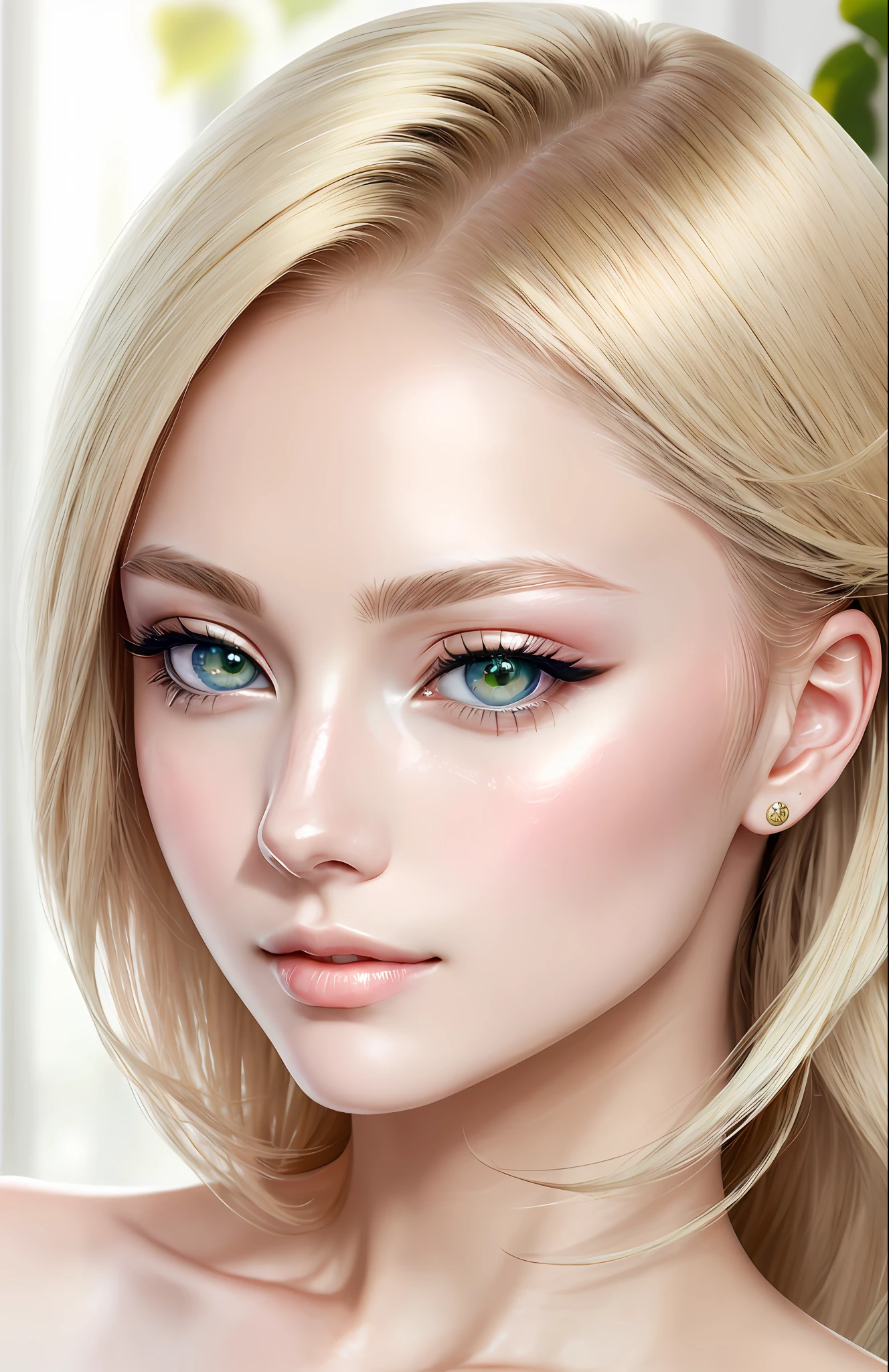 anime styled、Moisturized seagreenno eyes、Beautiful woman like a fashion model、a closeup、portlate、Beautiful, Beautiful blonde without hair ornaments, hight resolution, top-quality, masterpiece, 8k wallpaper、 One Person、Beautiful skin、