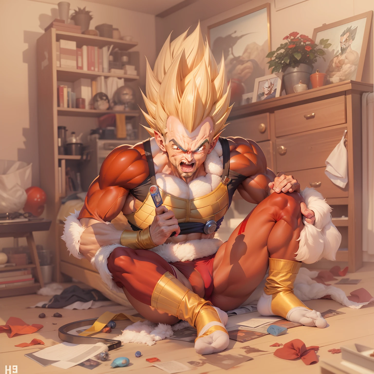 45 yers old，Vegeta，Shirtless，Tong，Red panties，Bulge，onbed，leg wide open，black long socks，Tong，Leg hair，Muscle men，lbeard，fortitude，artwork of a，tmasterpiece，k hd，an look of enjoyment，Be red in the face