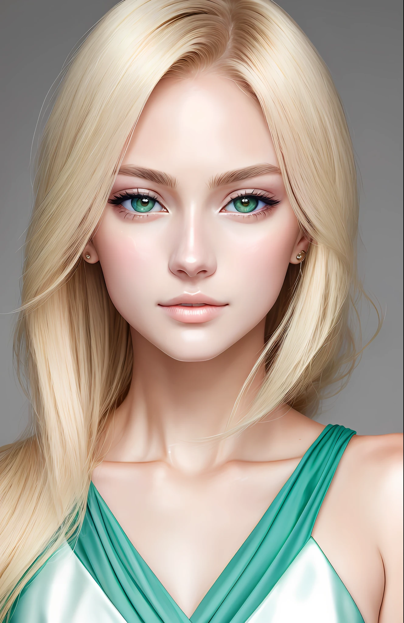anime styled、Moisturized seagreenno eyes、Beautiful woman like a fashion model、a closeup、portlate、Beautiful, Beautiful blonde without hair ornaments, hight resolution, top-quality, masterpiece, 8k wallpaper、 One Person、Beautiful skin、