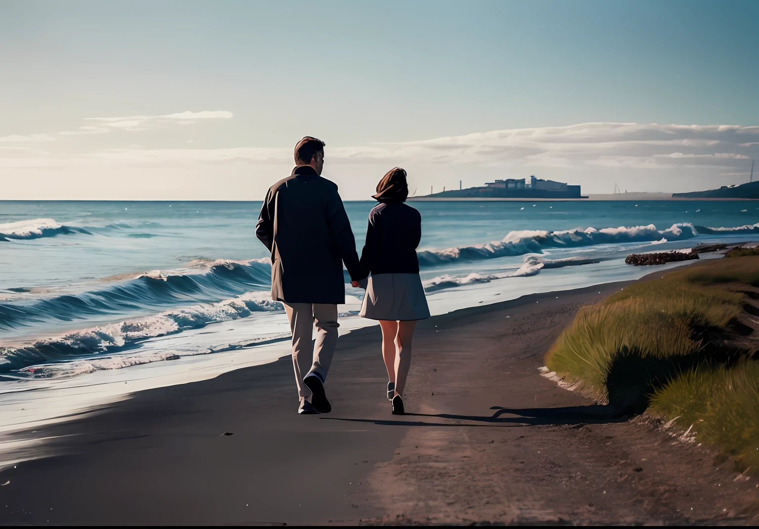 Two people，Walk by the sea，Look into the distance