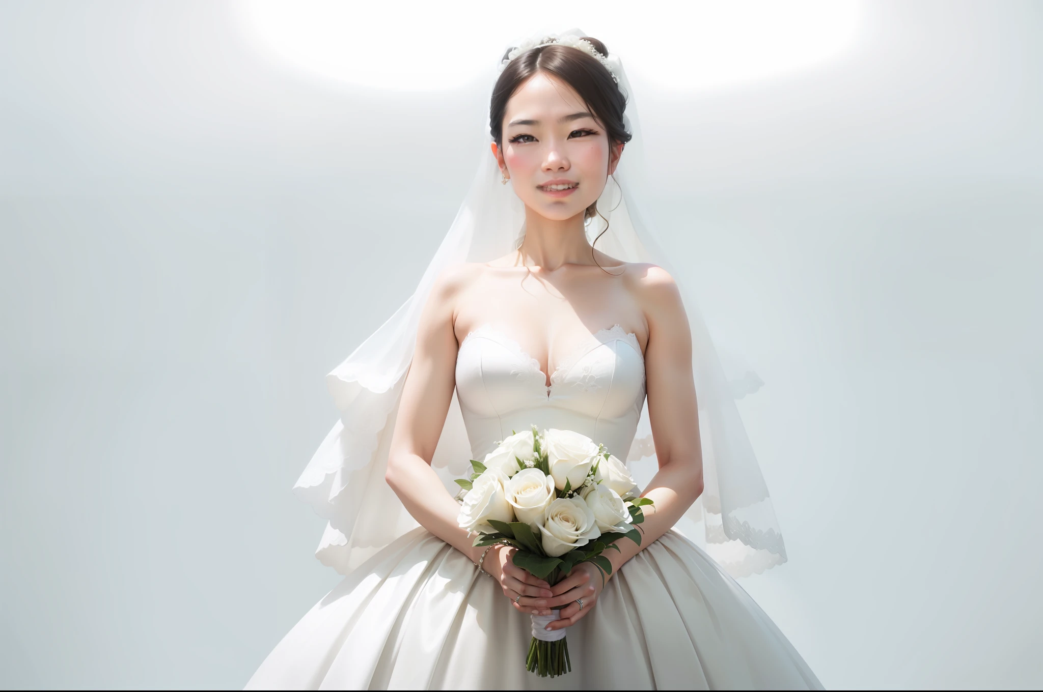 The bride in a white wedding dress holds a bouquet of flowers in the white room, wearing organza gown, in front of white back drop, White gown, 🤬 🤮 💕 🎀, white regal gown, Wearing a wedding dress, 3/4 Front view, detailled image, Wedding dress, eora, white backgrounid, Full front view, yasumoto oka, 2 9 years old